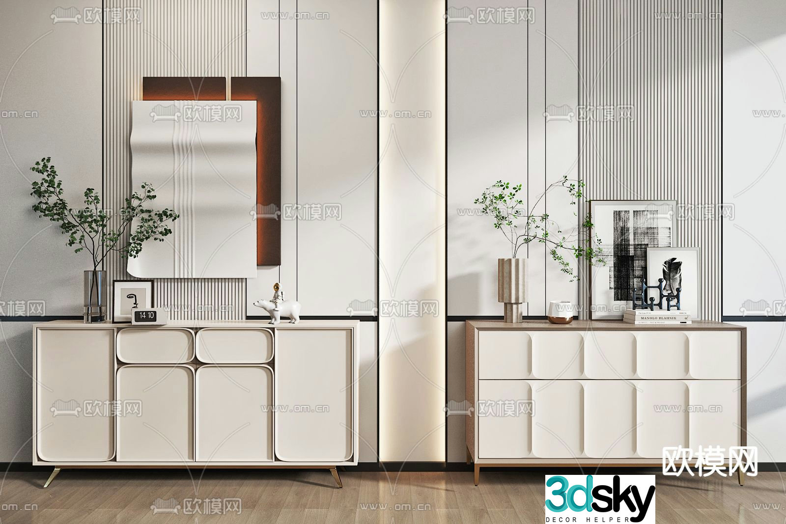 Creamy style entrance cabinet end view cabinet 3D model