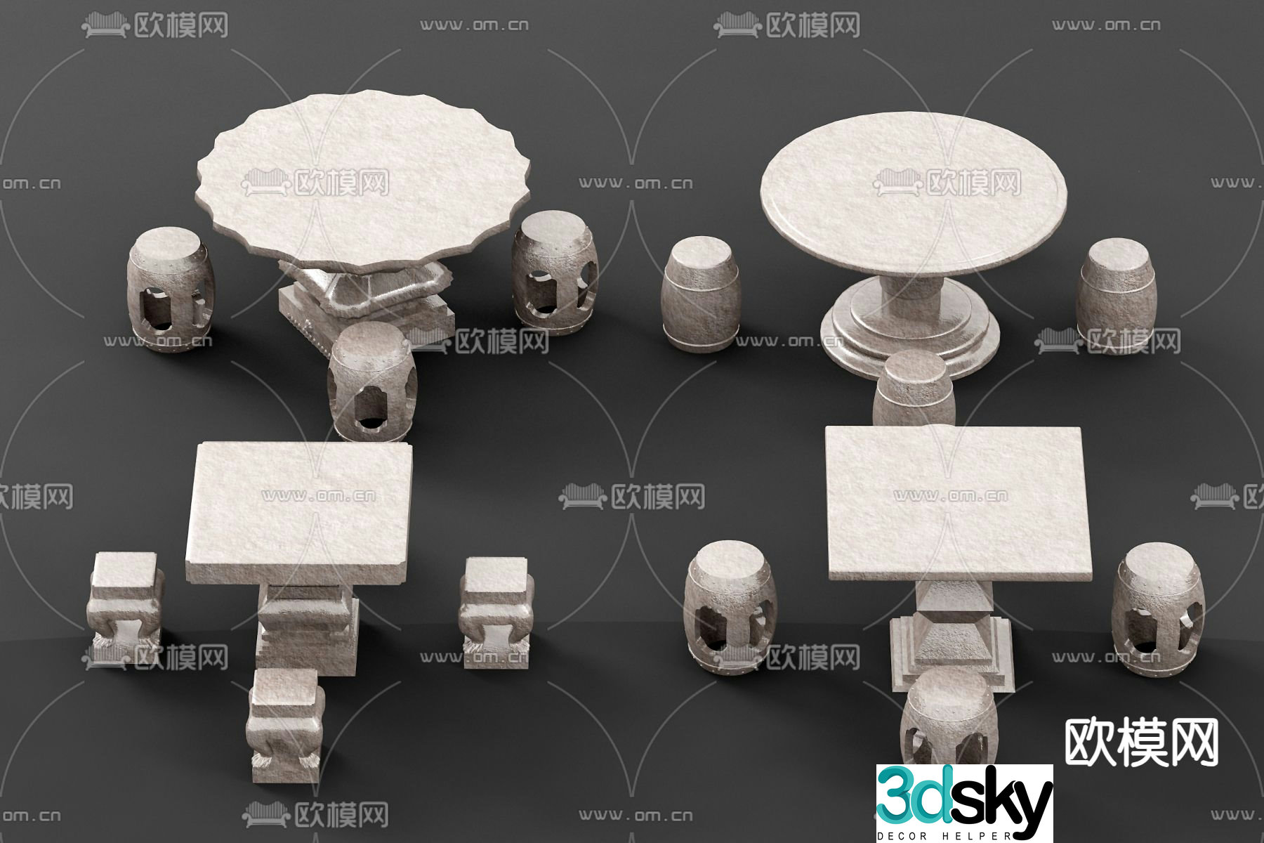 Outdoor stone bench stone table 3d model