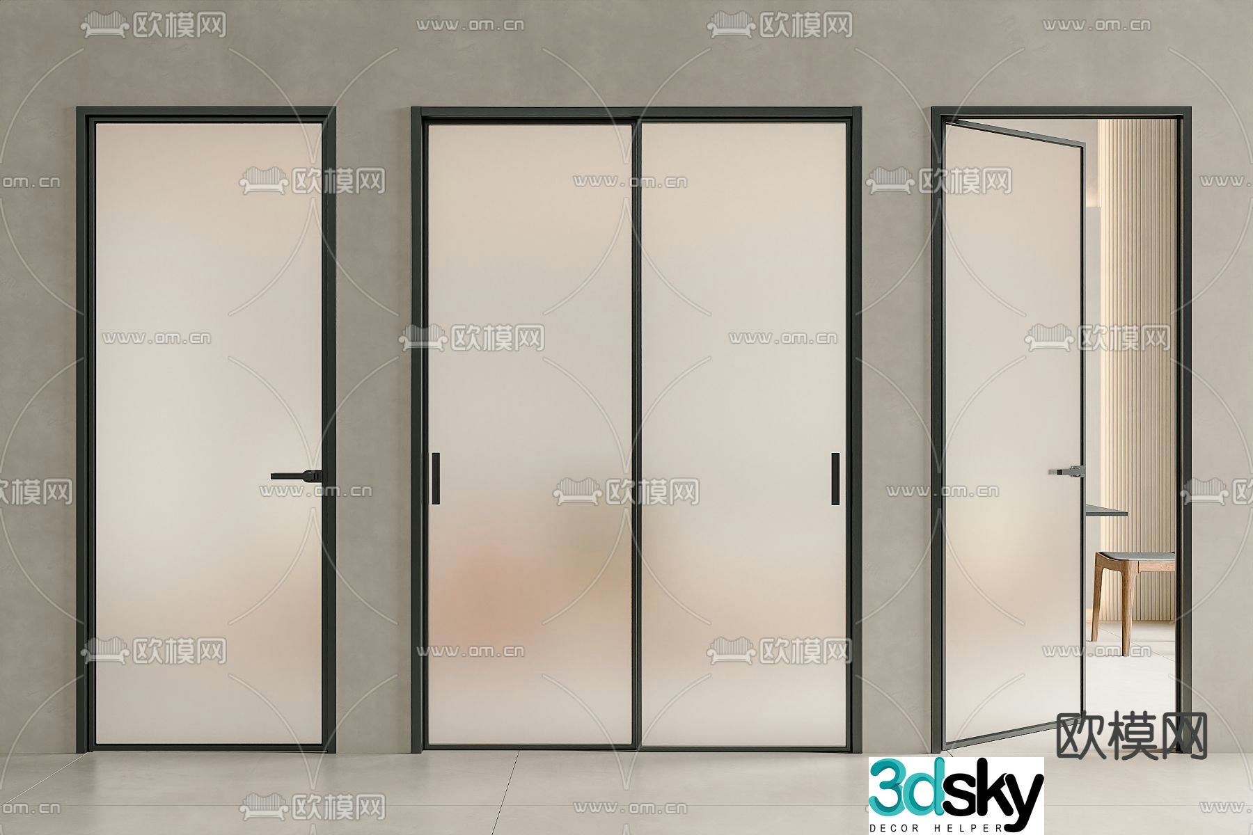 Sliding door glass door bathroom door 3d model