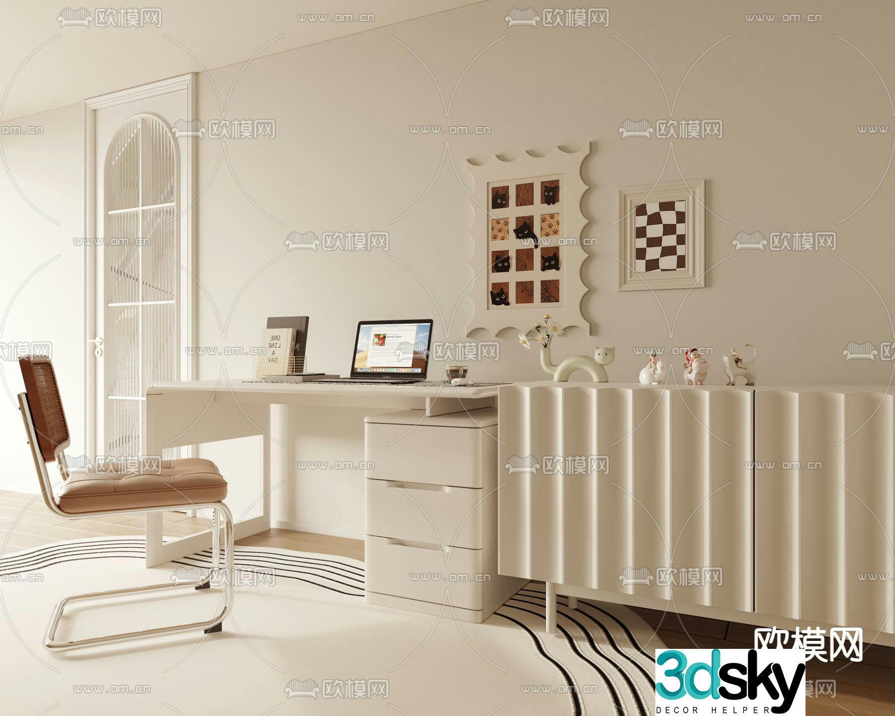 Cream style desk computer desk study table 3d model
