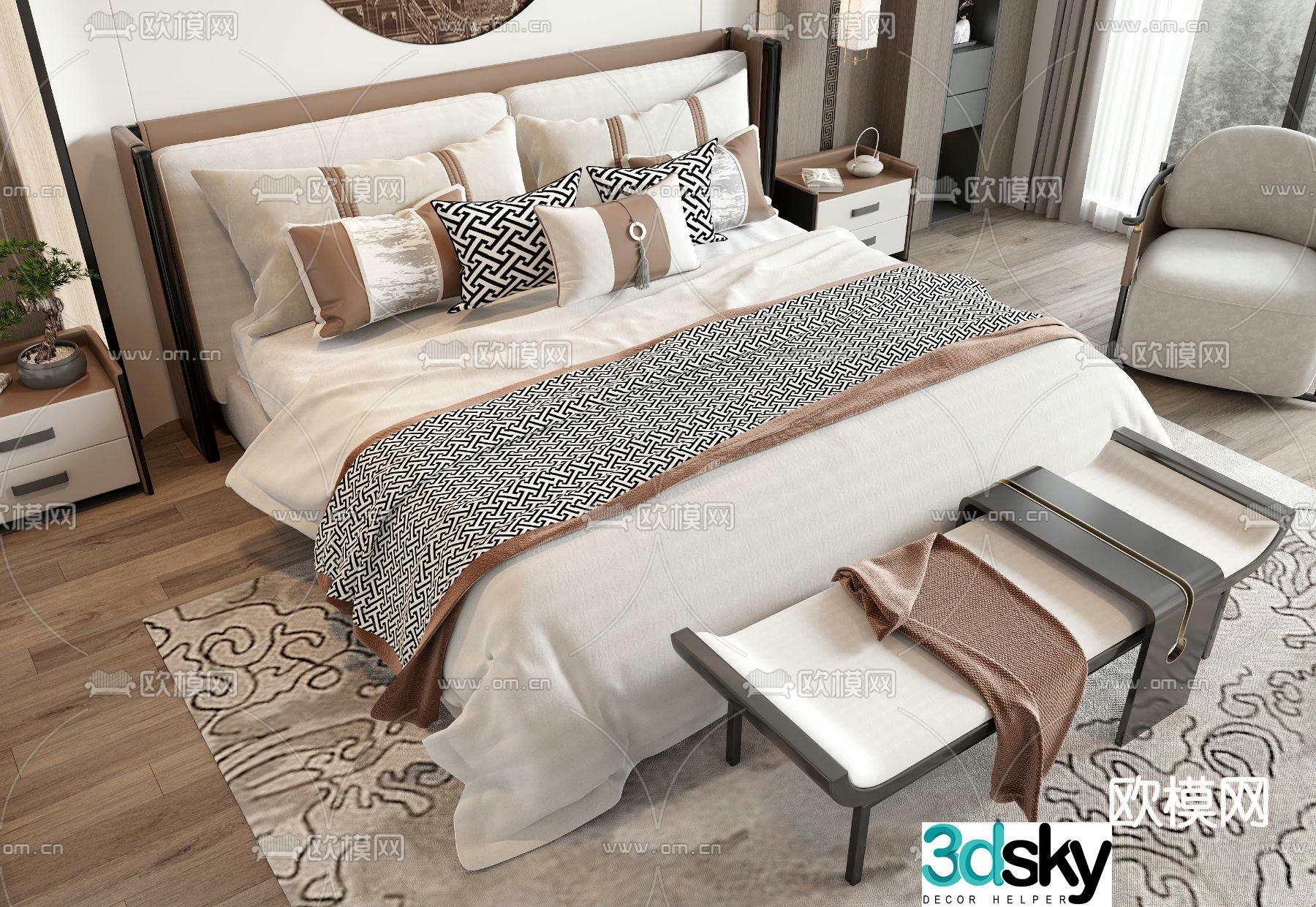 New Chinese style double bed 3d model