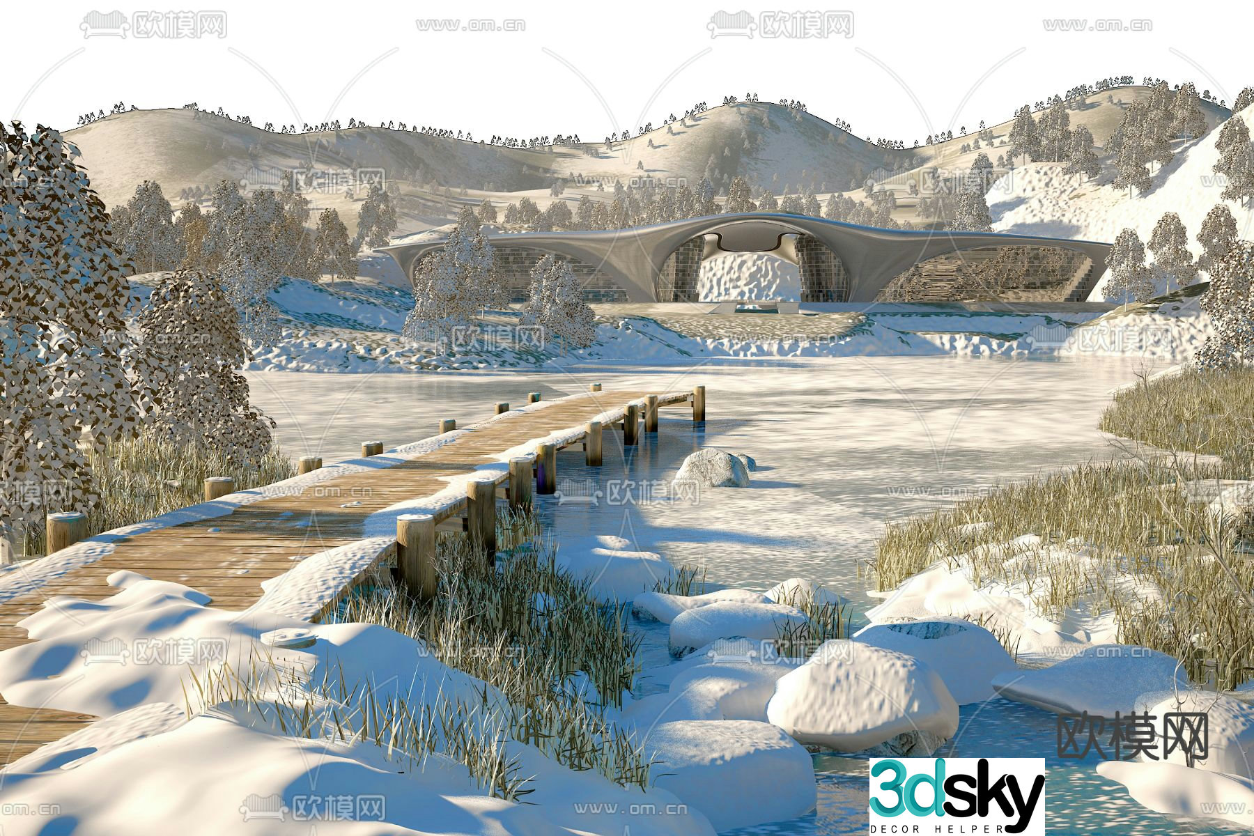 Convention and Exhibition Center Snow Landscape 3D Model