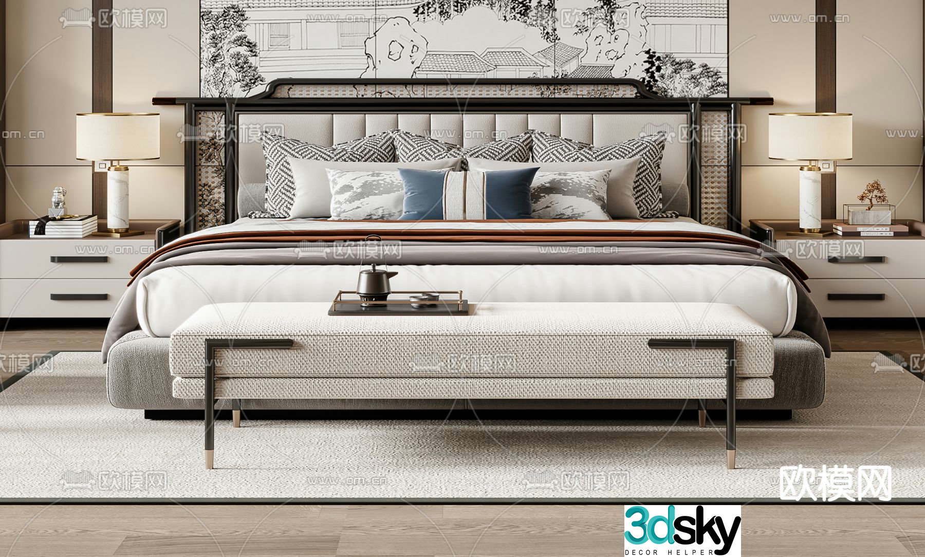 New Chinese style double bed 3d model