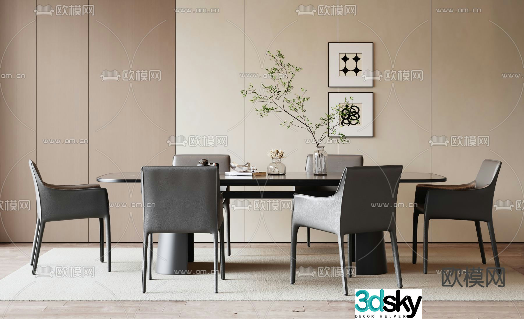 Long dining table and chairs 3d model