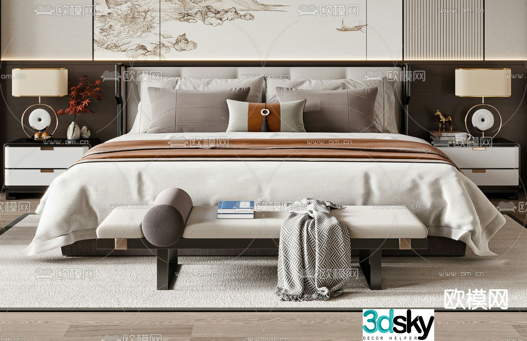 New Chinese style double bed 3d model
