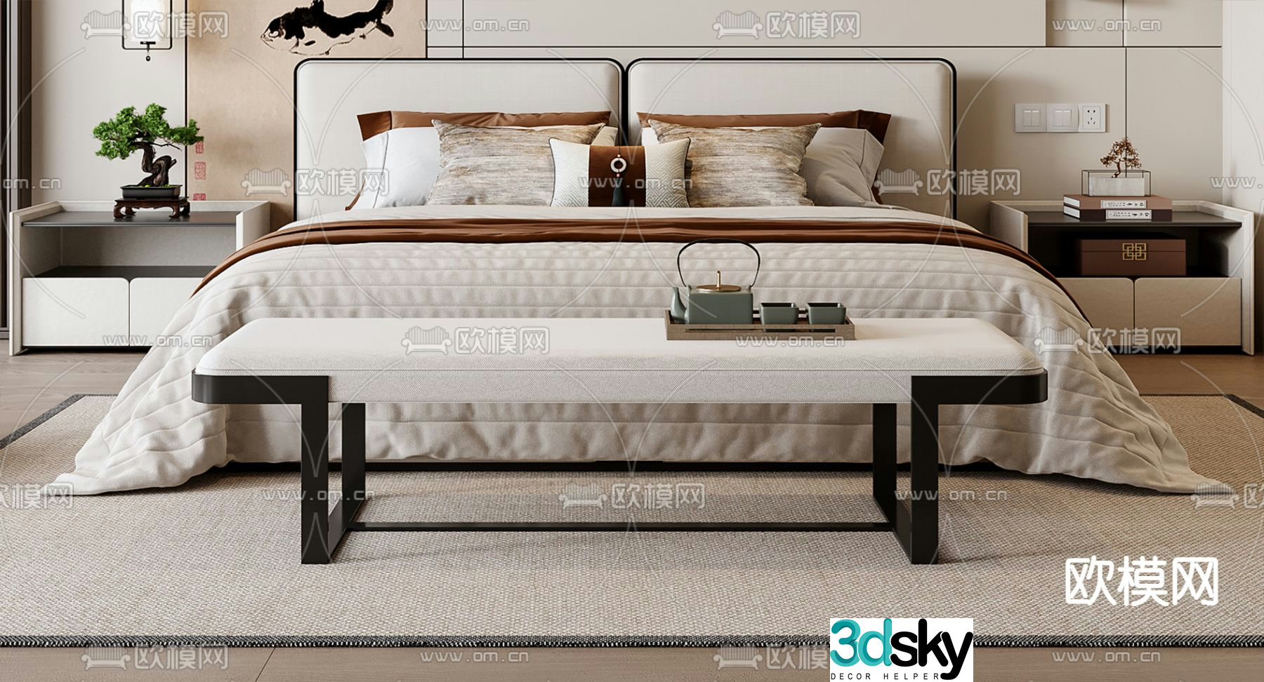 New Chinese style double bed 3d model