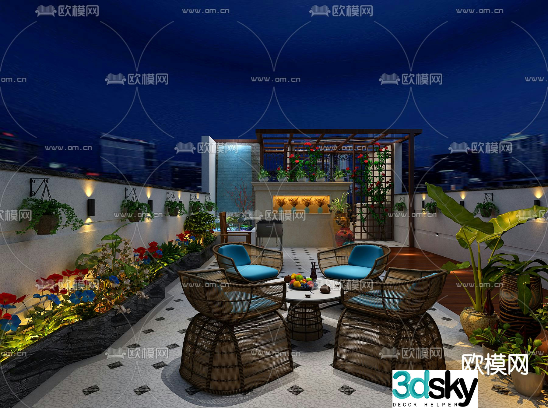 New Chinese style balcony terrace roof garden 3d model