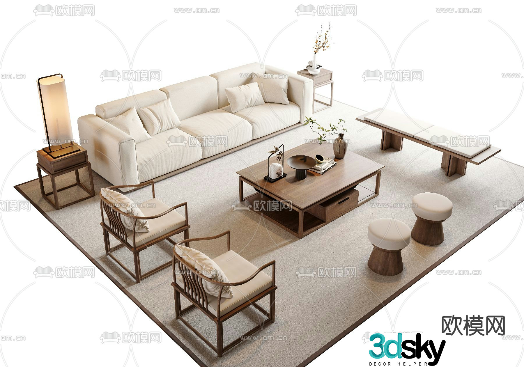 New Chinese style sofa coffee table combination leisure sofa 3d model