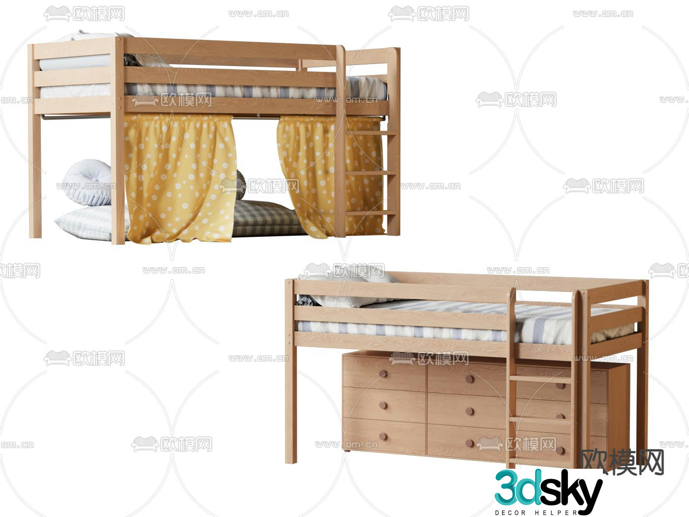 Children’s bed upper bed and lower cabinet 3D model