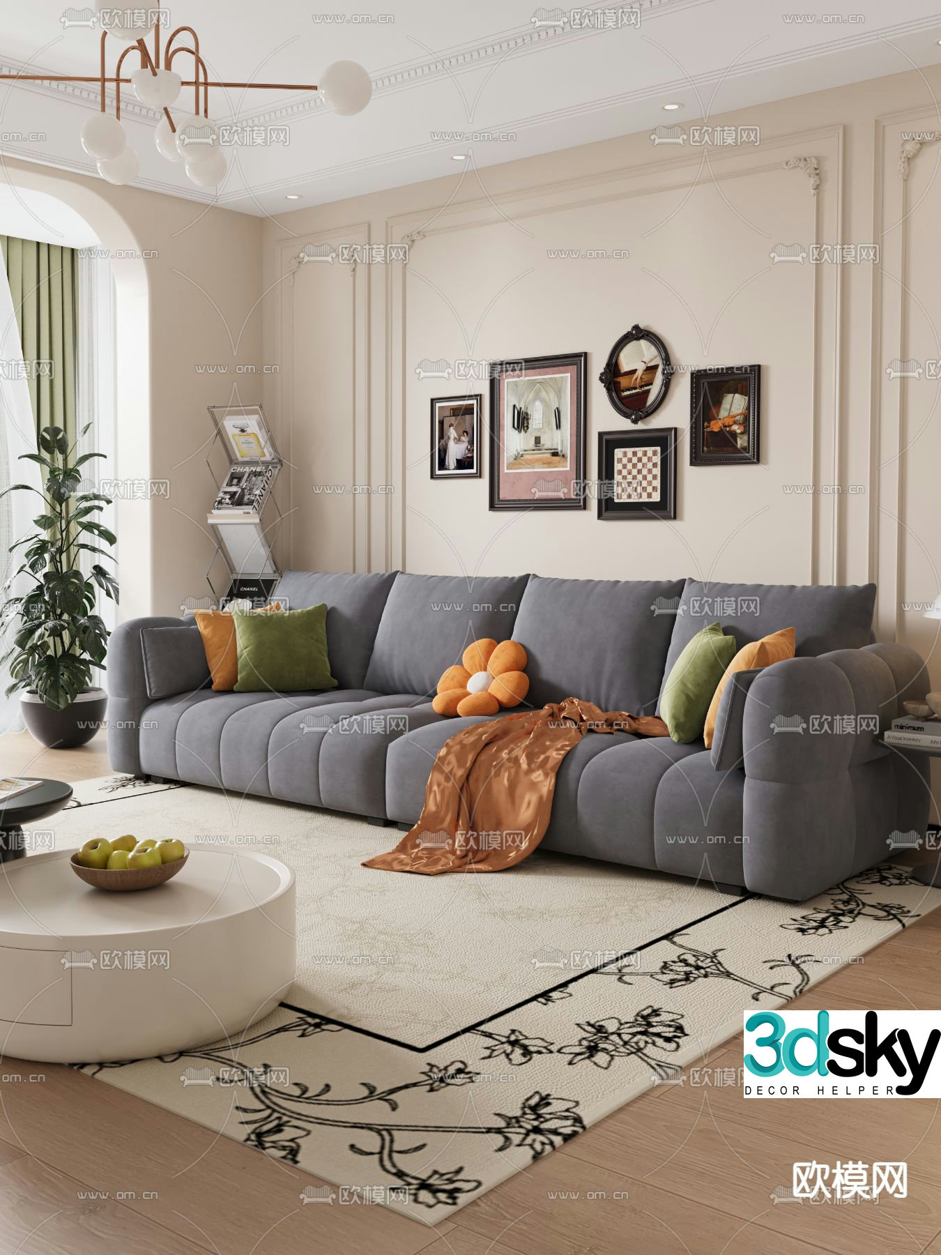 Cream style multi-person sofa 3D model