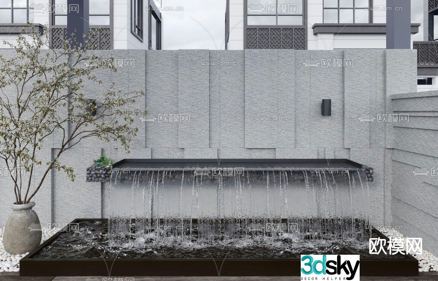 Courtyard water feature fountain flowing water waterfall 3D model