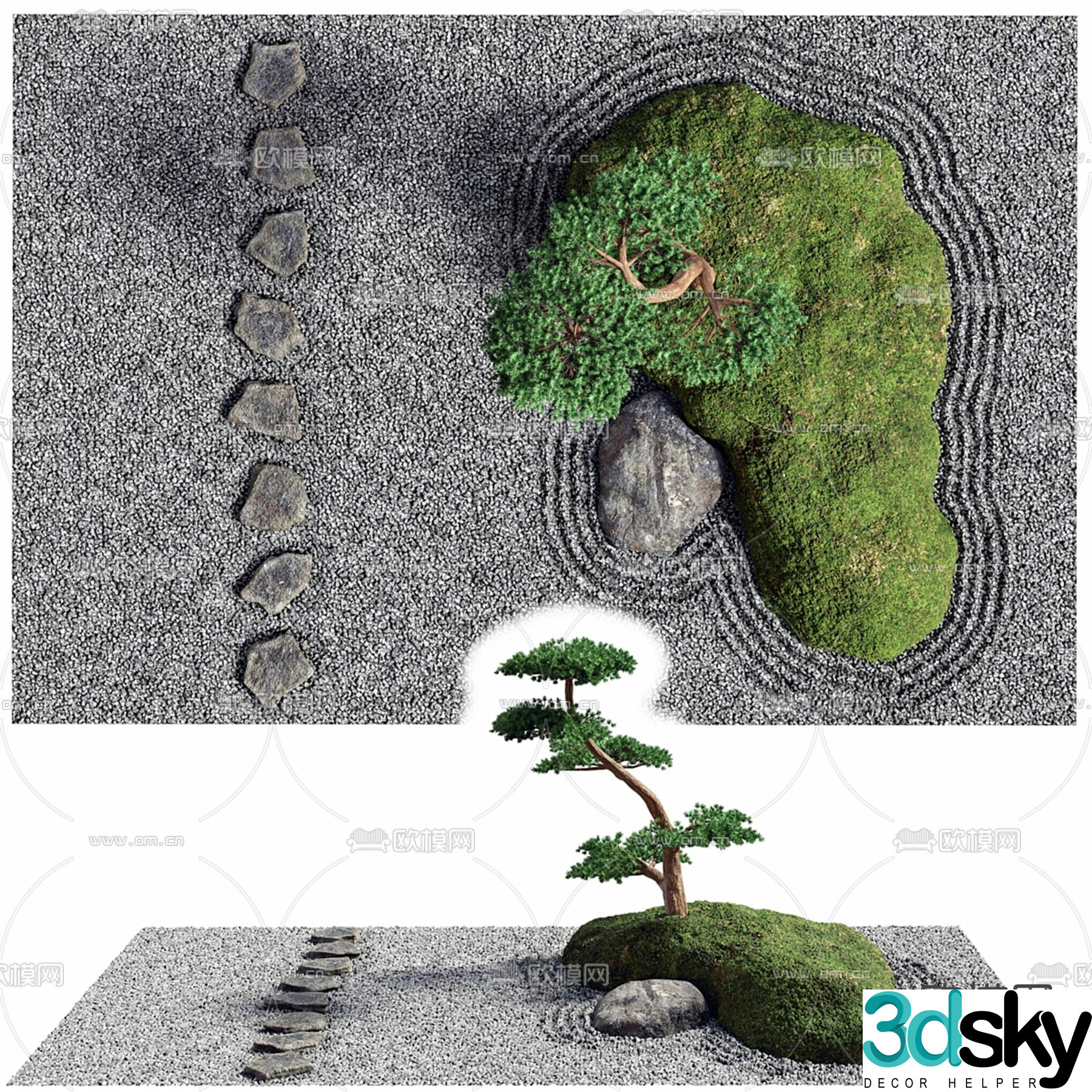 Courtyard landscape pine tree rockery gardening sketch 3d model