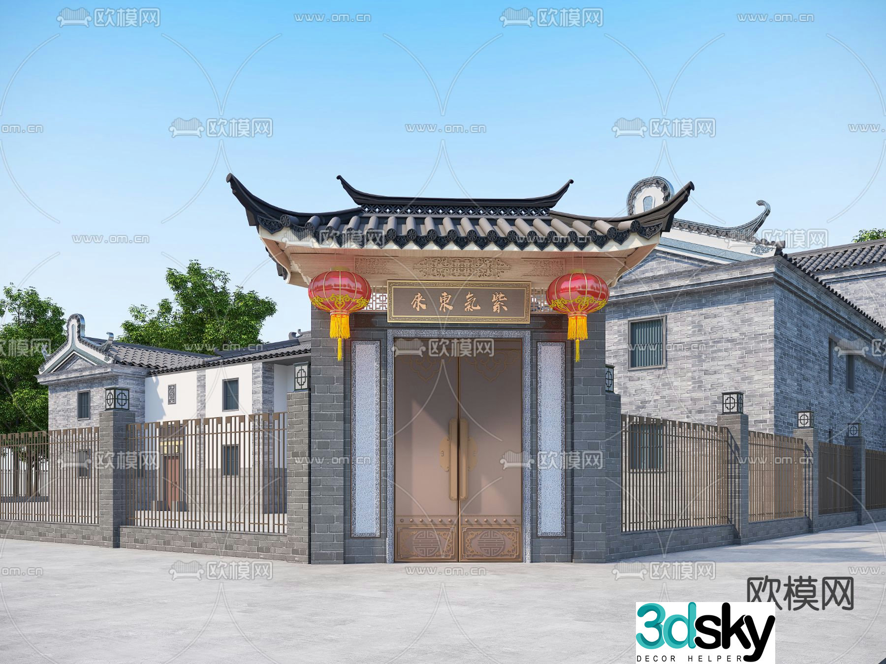 Chinese style villa entrance door facade 3d model