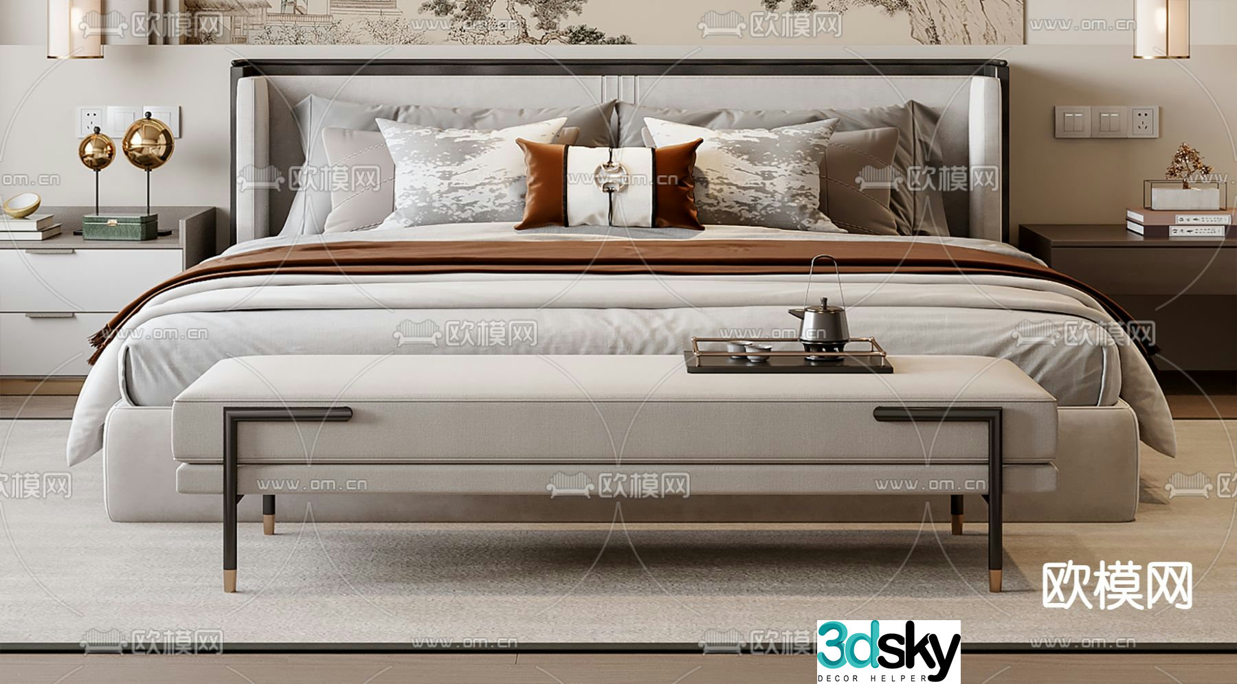 New Chinese style double bed 3d model