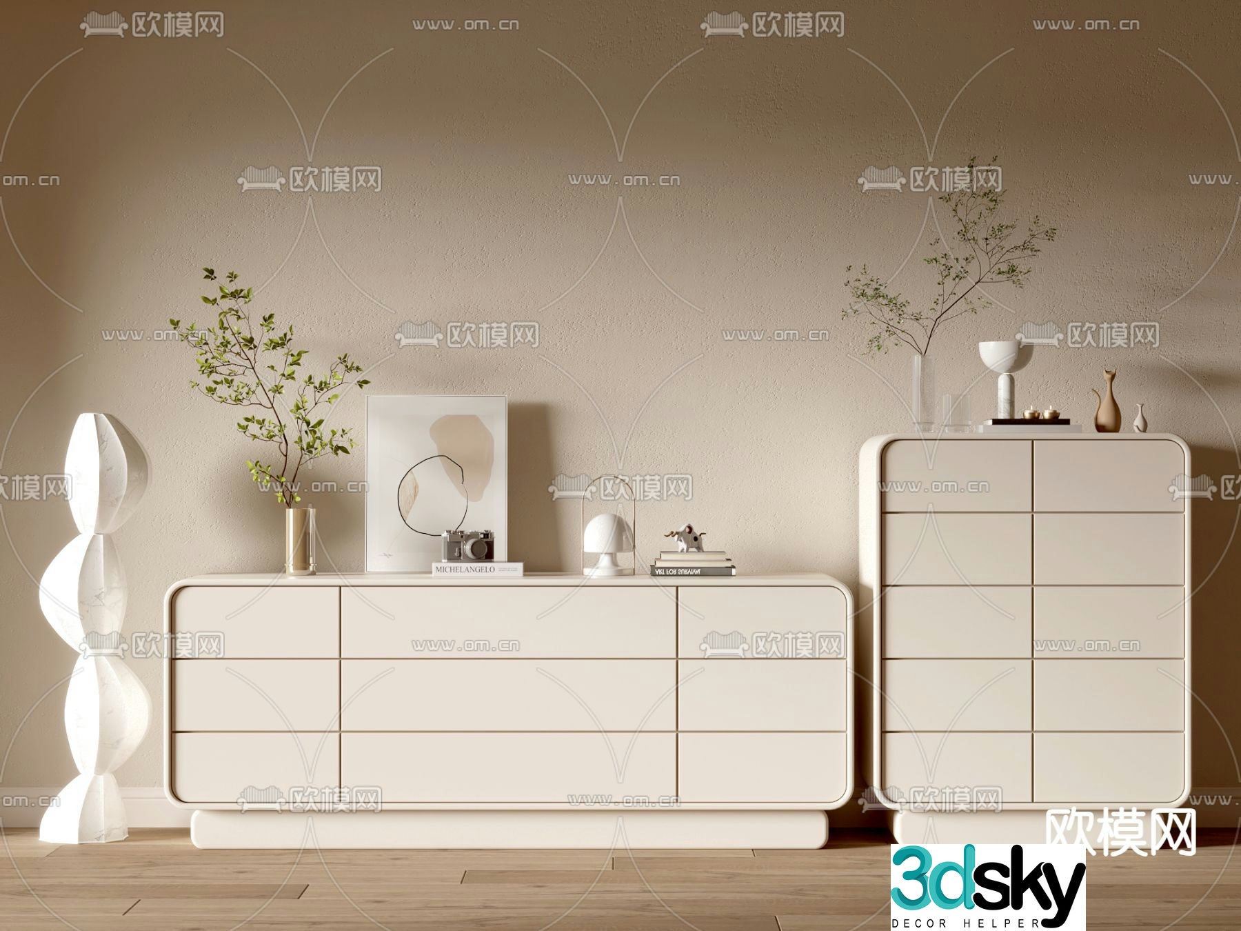 Creamy style porch cabinet low shoe cabinet 3d model