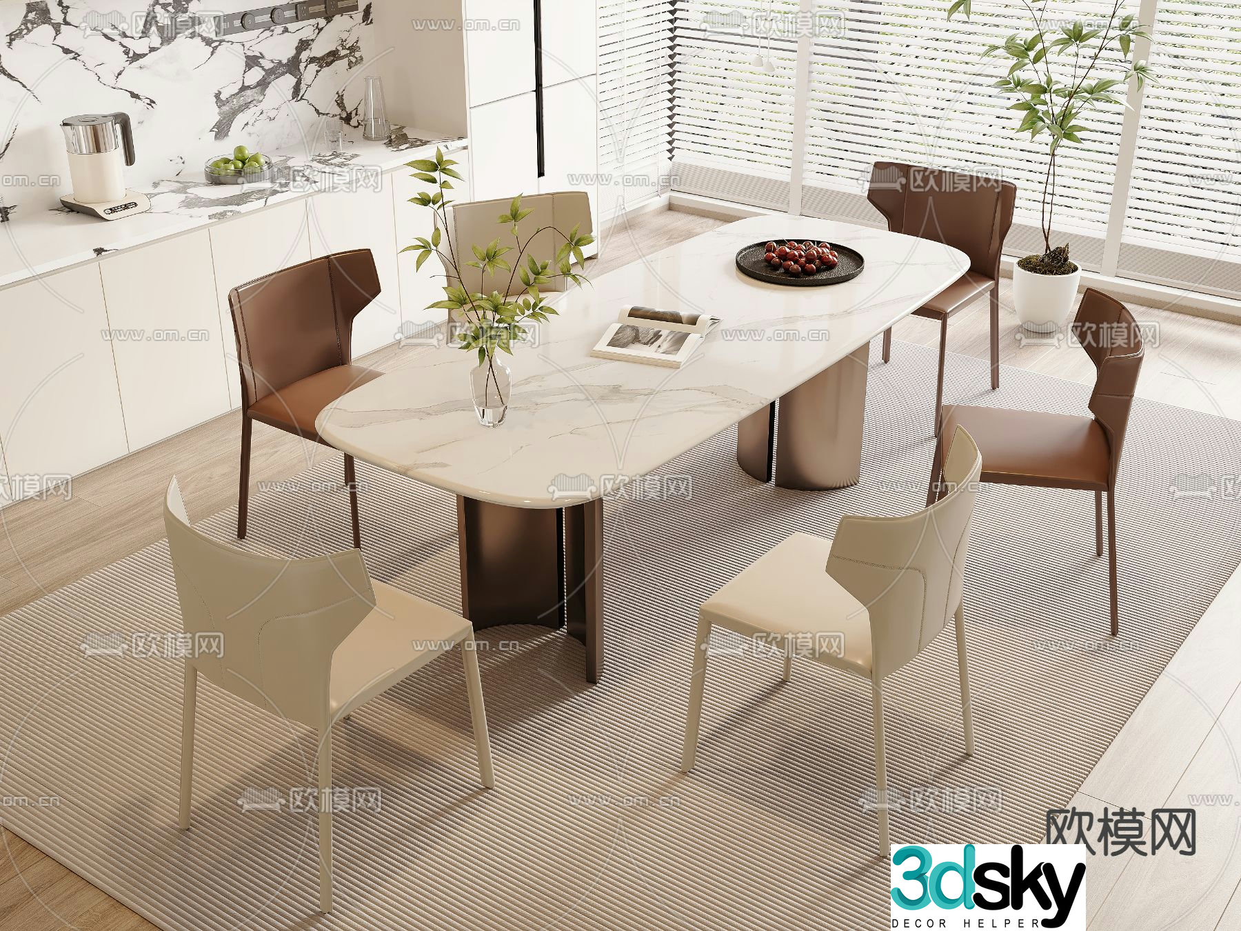 Long dining table and chairs 3d model