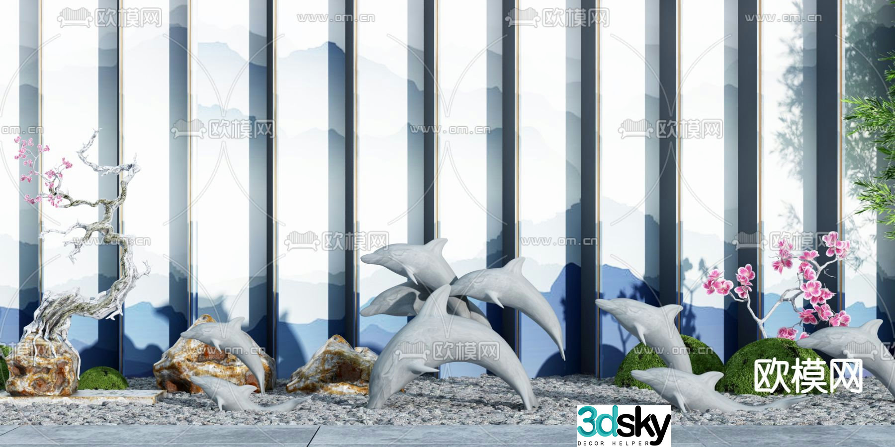 Chinese dry landscape dolphin sculpture landscape sketch 3D model