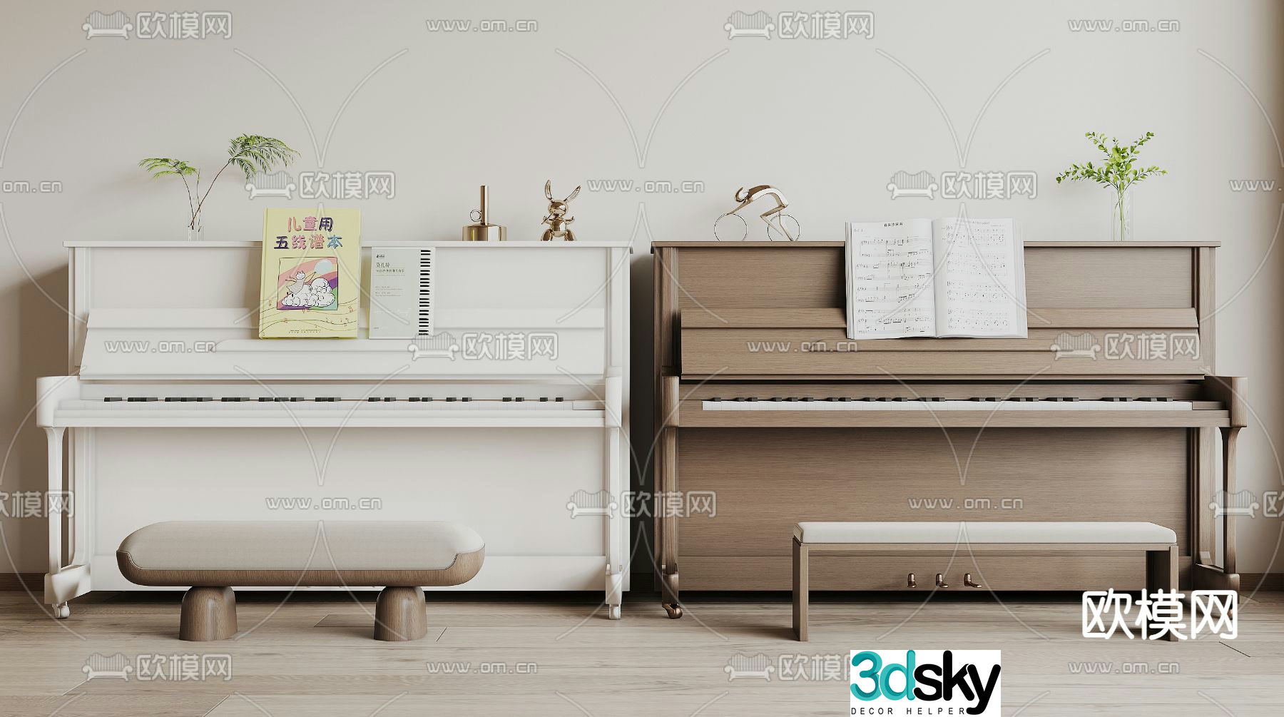 wooden piano white piano 3d model