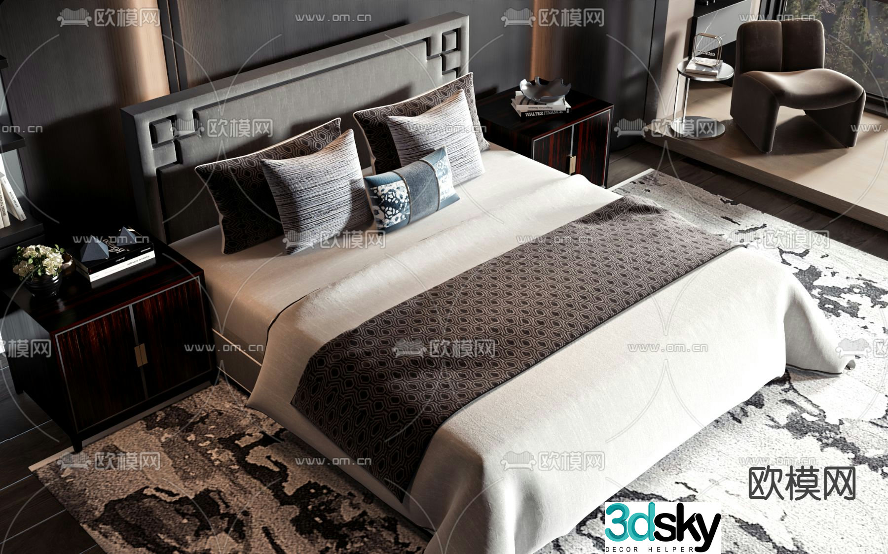 New Chinese style double bed 3d model