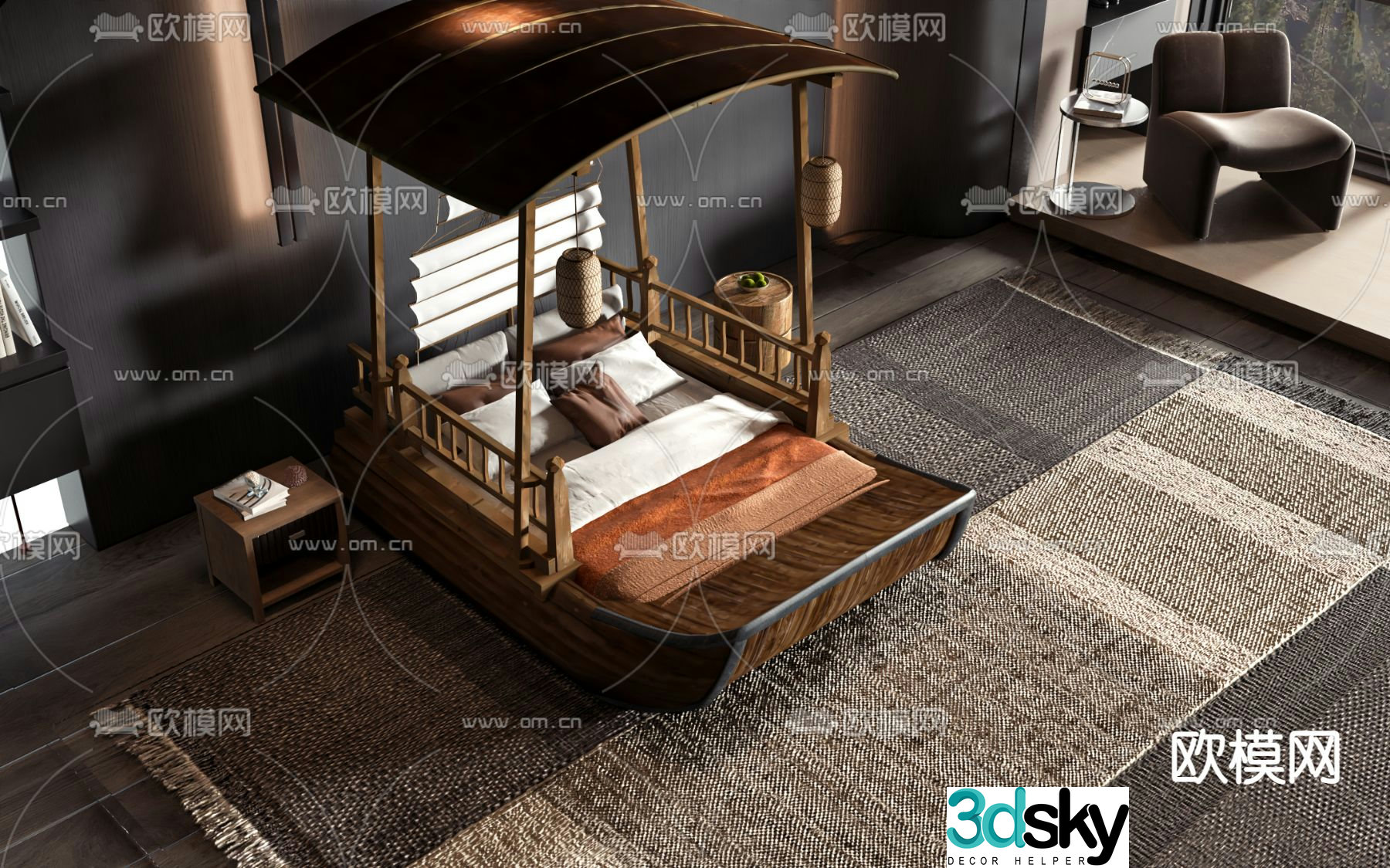 New Chinese style double bed wooden boat bed 3d model