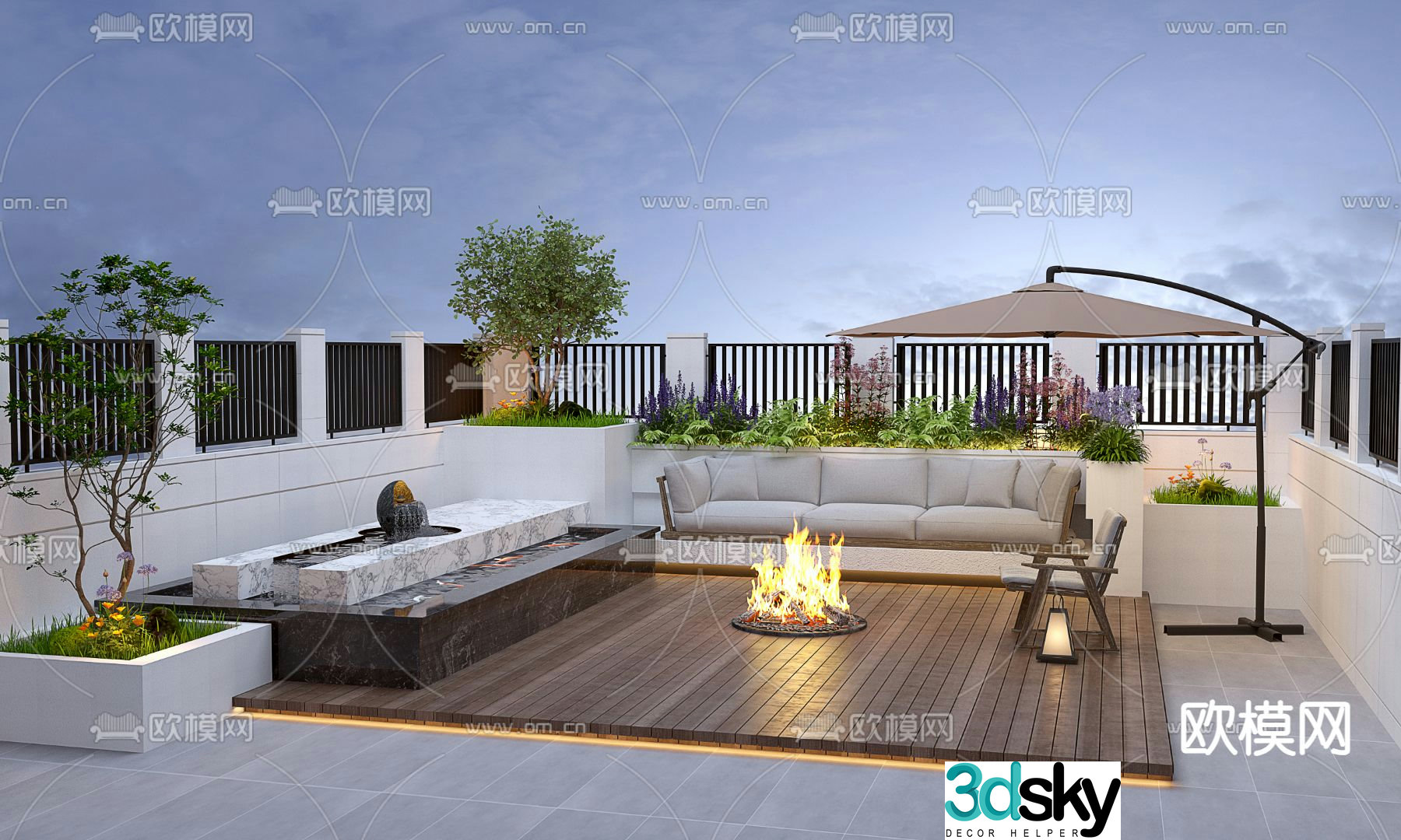 Modern balcony terrace roof garden 3d model