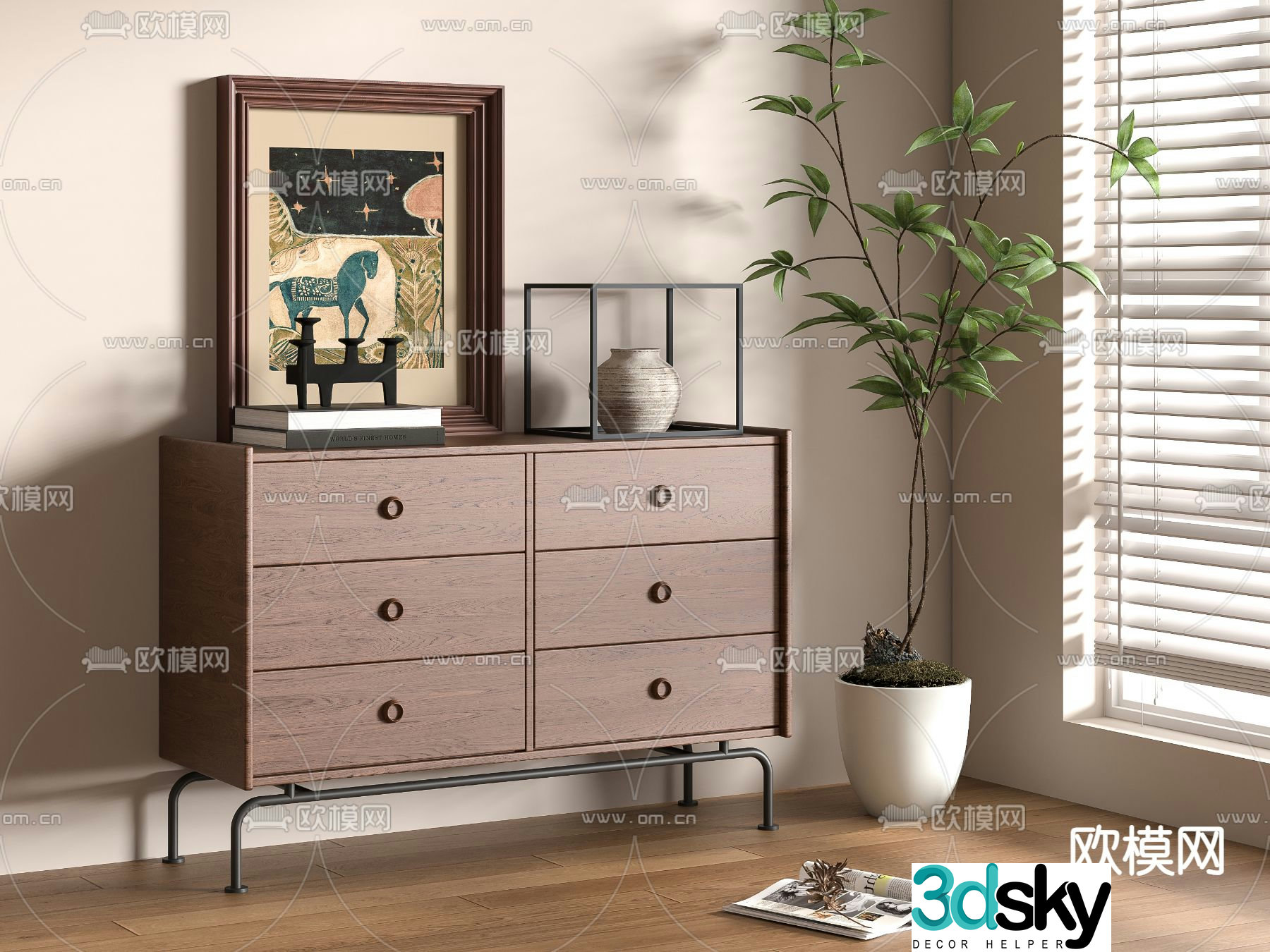 Middle-aged style chest of drawers side cabinet 3D model