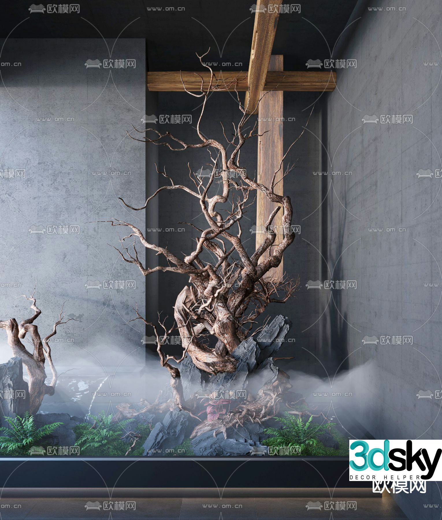 Indoor dead wood landscape 3D model of overlapping water landscaping