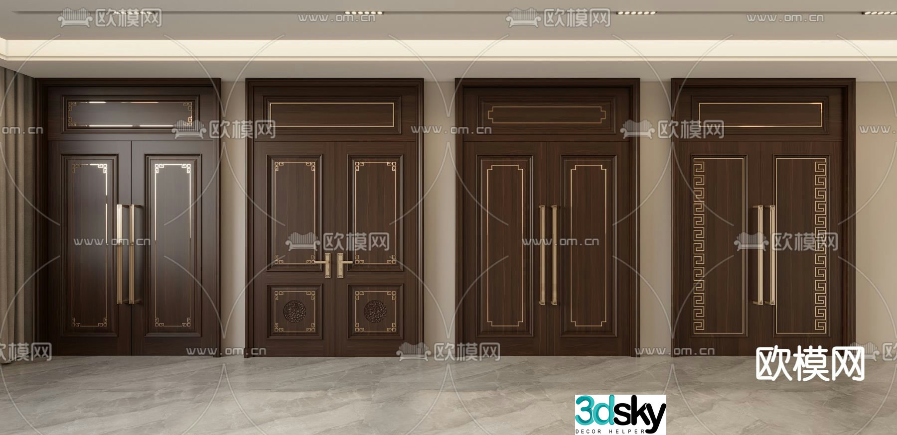 New Chinese style entrance door double-open door open ceiling door 3D model