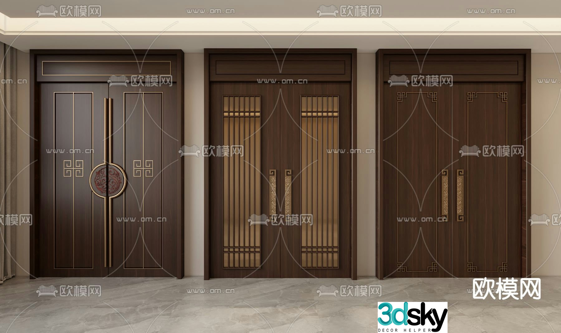 New Chinese style top door double door entrance door 3D model