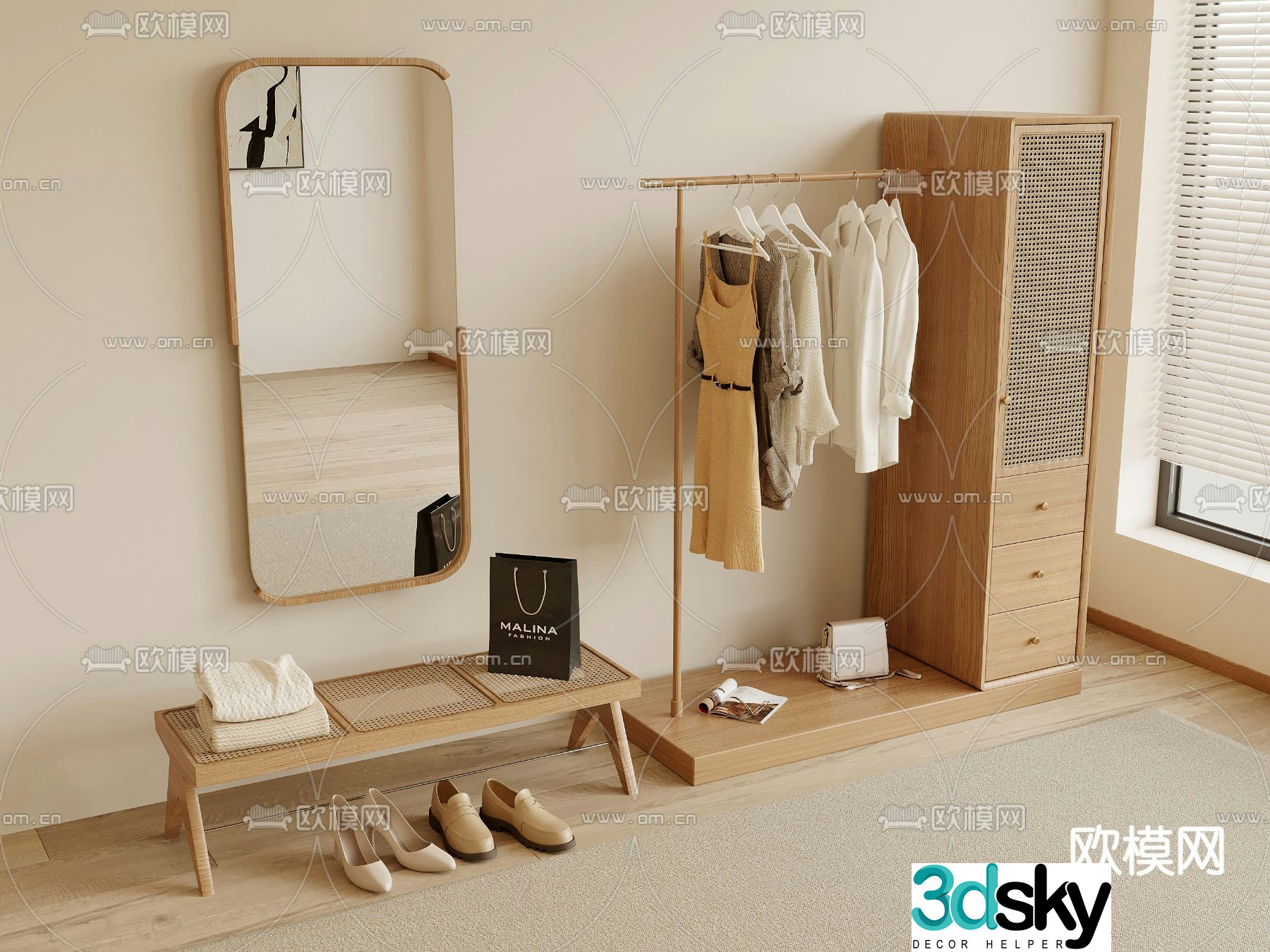 Nordic clothes hanger clothes hanger shoe cabinet 3d model