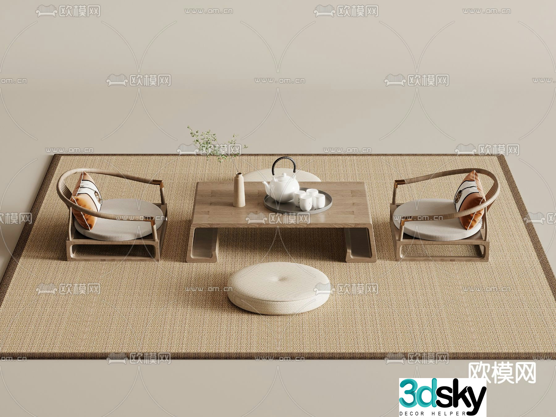 New Chinese style tatami tea table and chairs 3d model