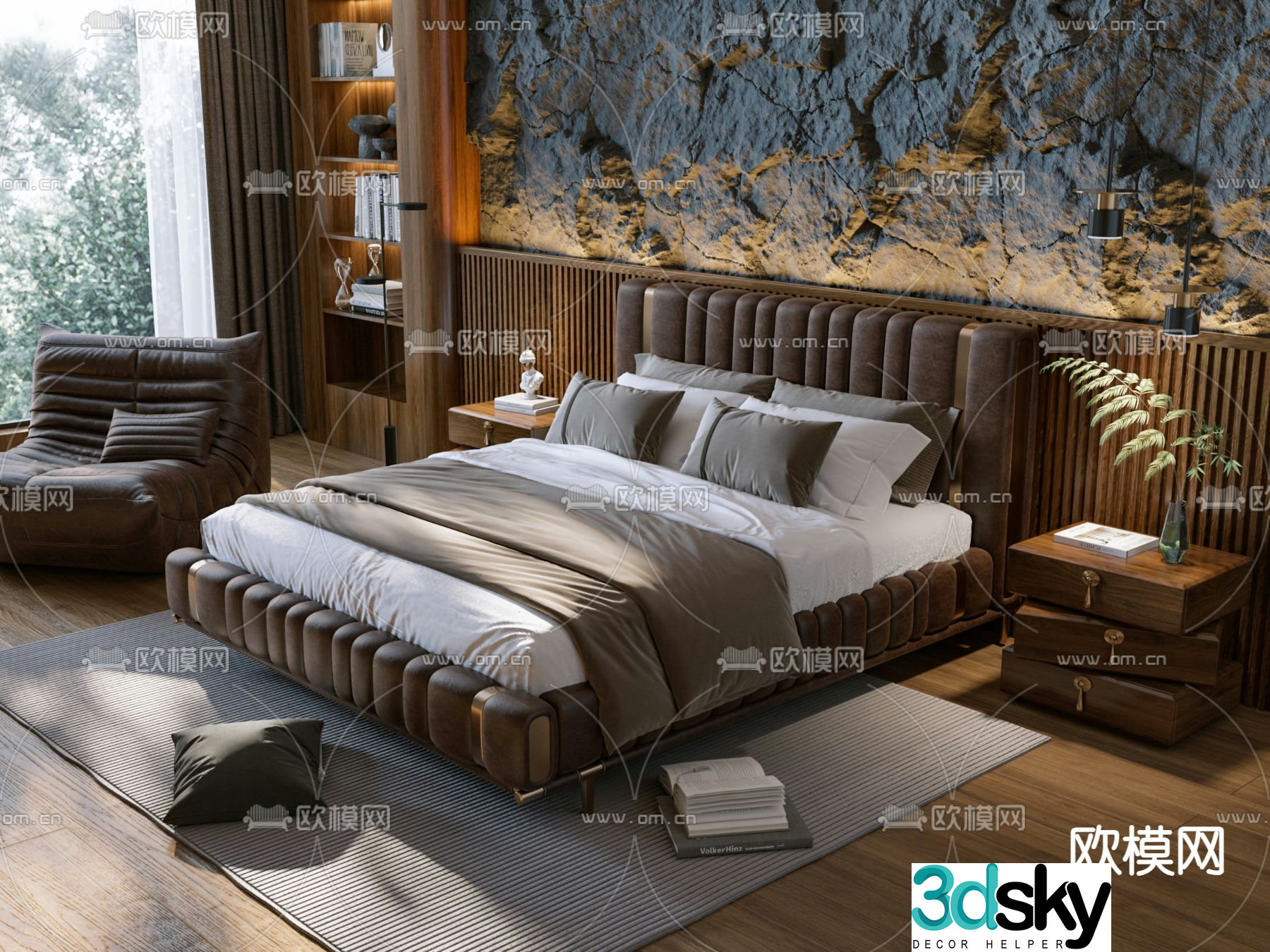 Light luxury style double bed 3D model