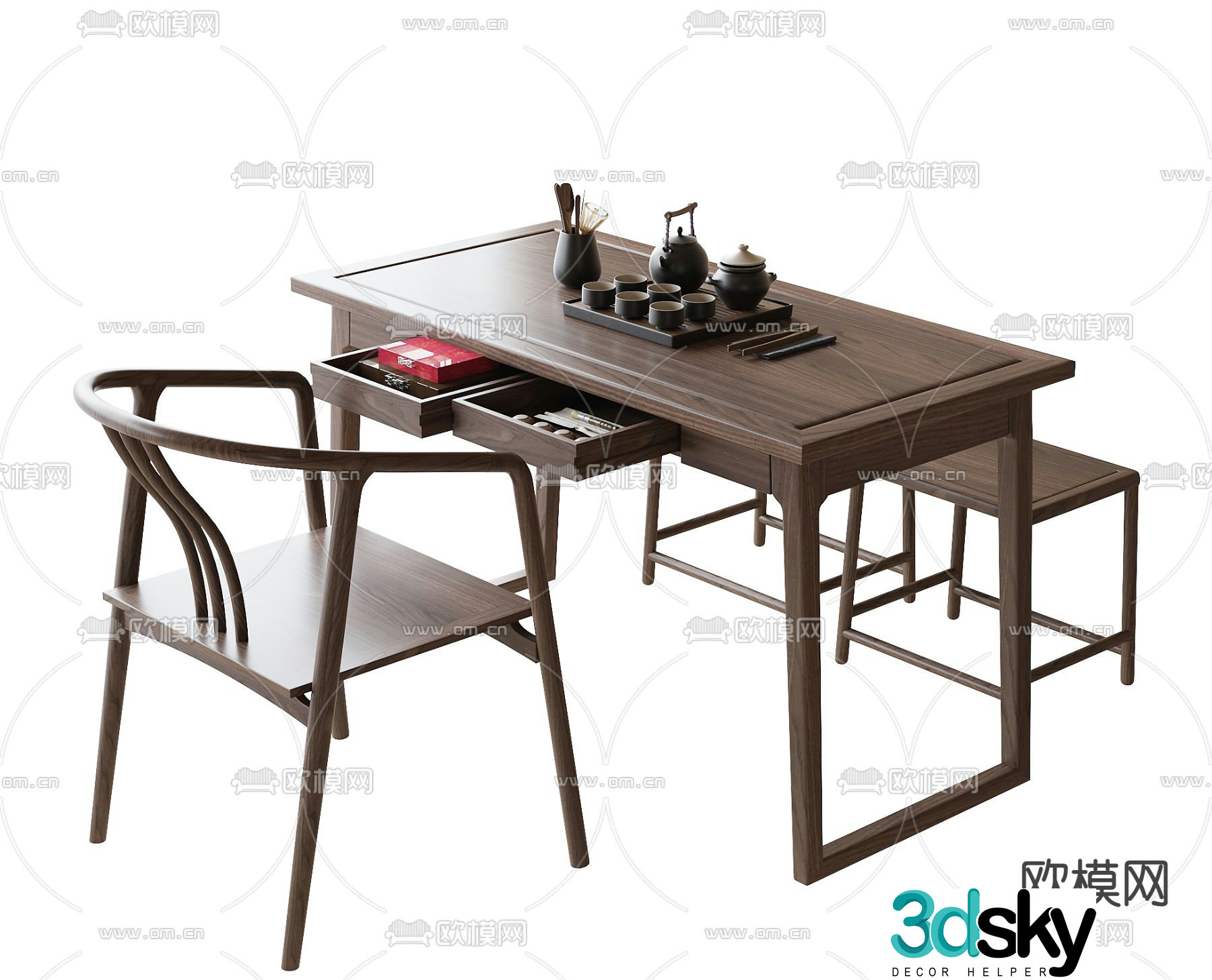 New Chinese style tea table and chairs tea table 3d model