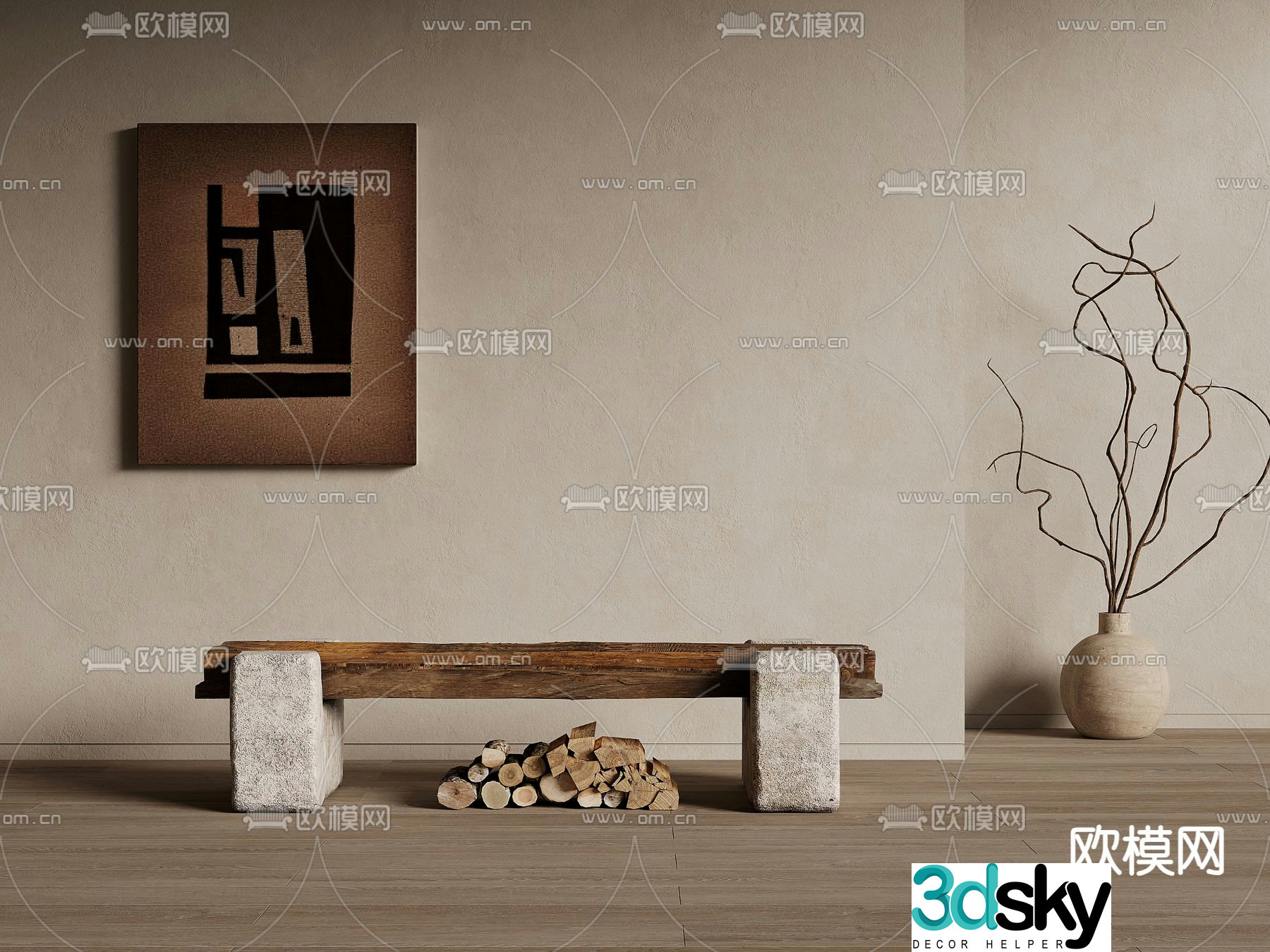 Wabi-sabi style stone stool bench 3d model