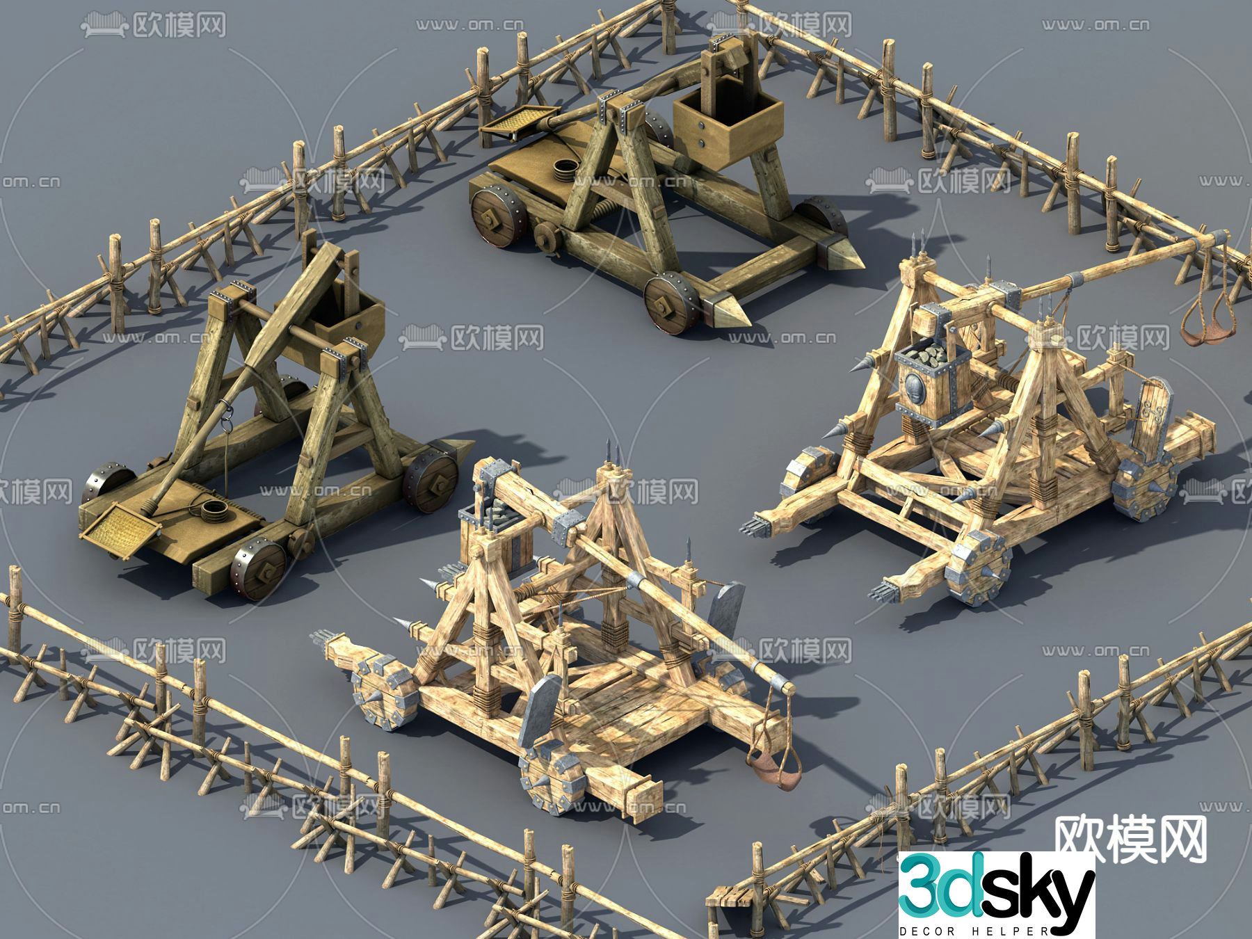 Siege weapons catapult wooden fence 3d model