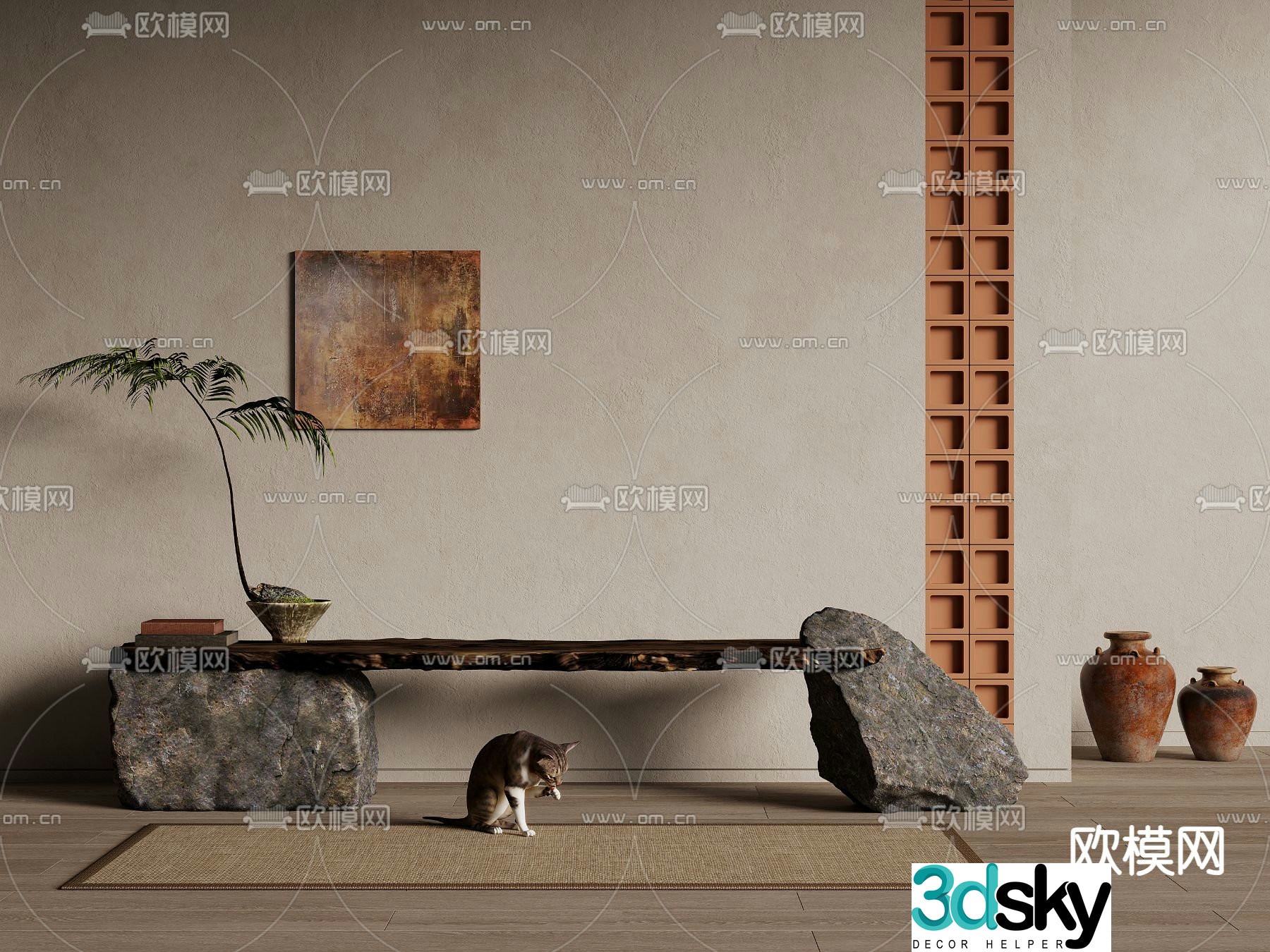 Wabi-sabi style stone stool bench 3d model
