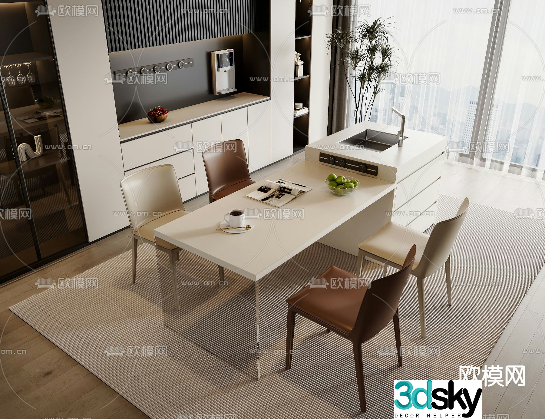 Island table dining table and chairs 3d model