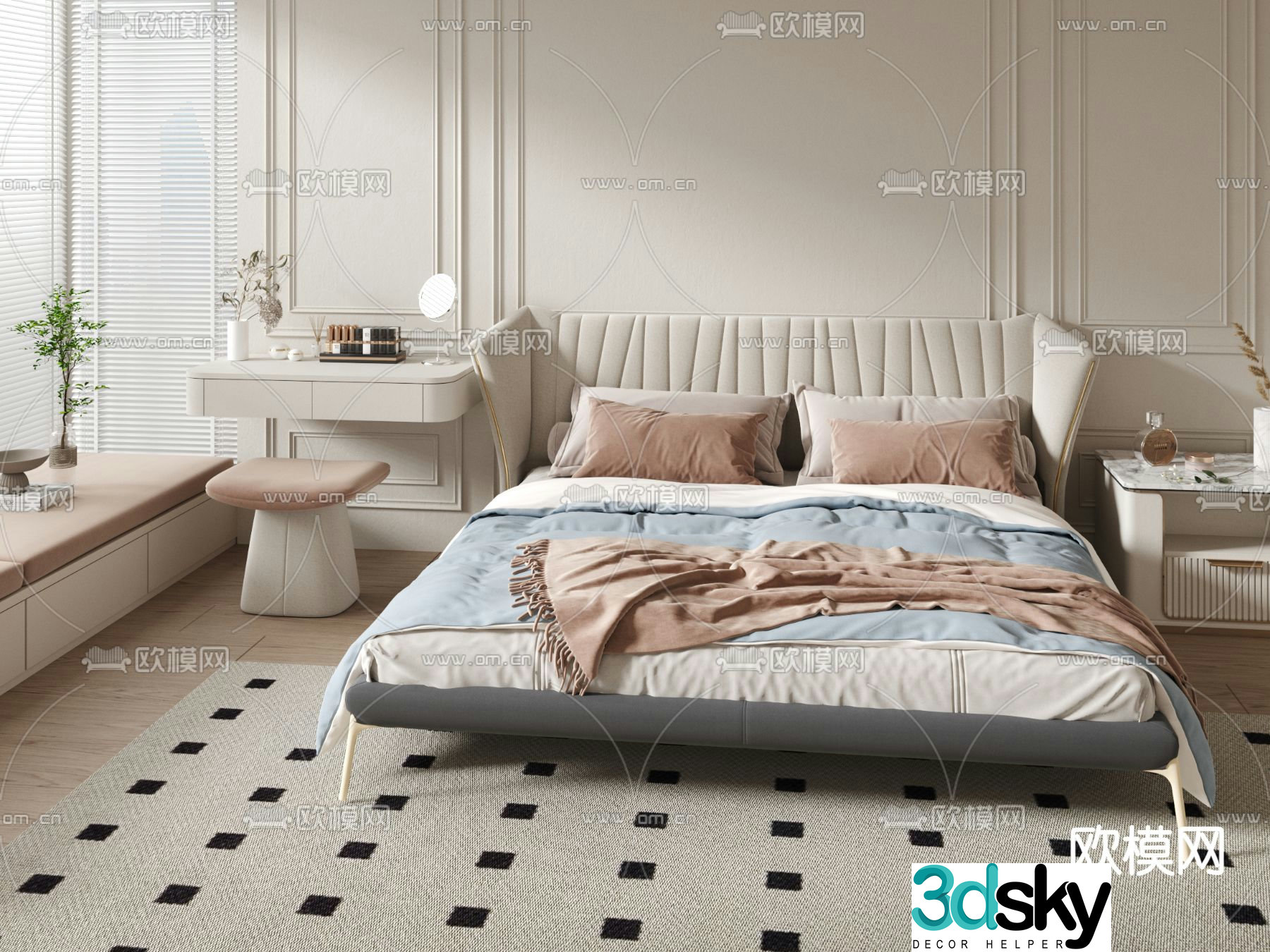 French double bed 3d model