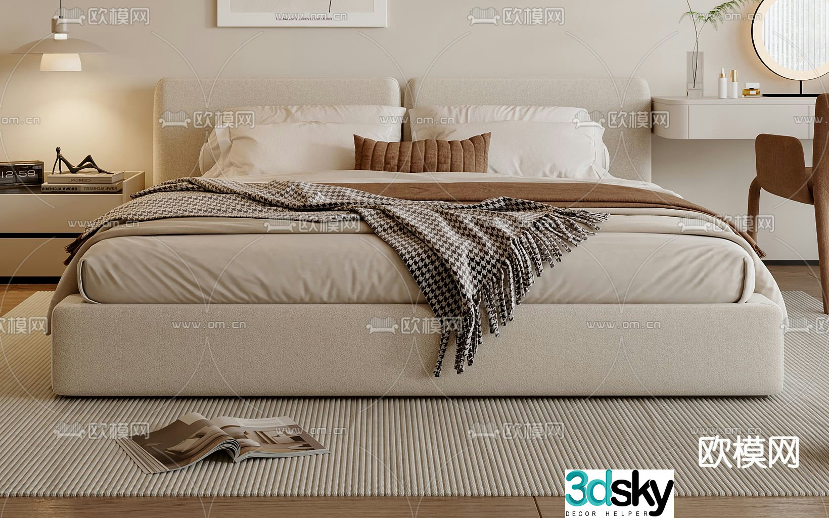 Cream style double bed fabric double bed 3d model