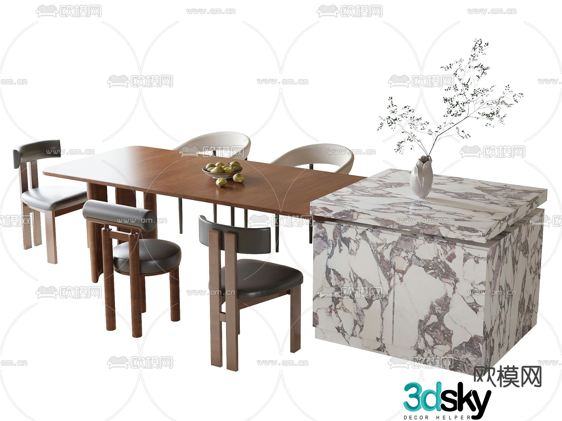 Medieval style island dining table and chairs 3D model
