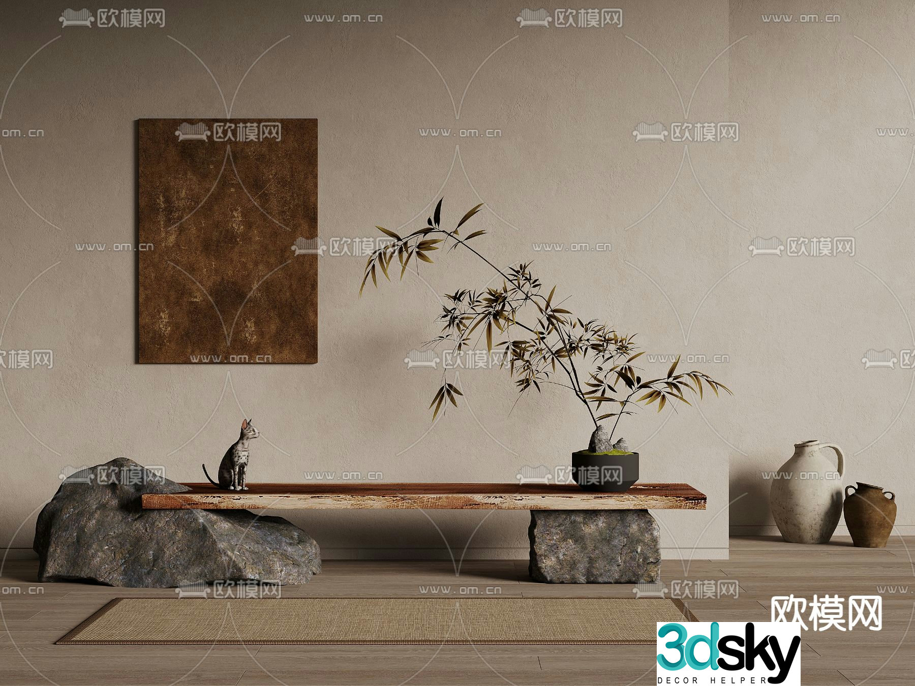 Wabi-sabi style stone stool bench 3d model