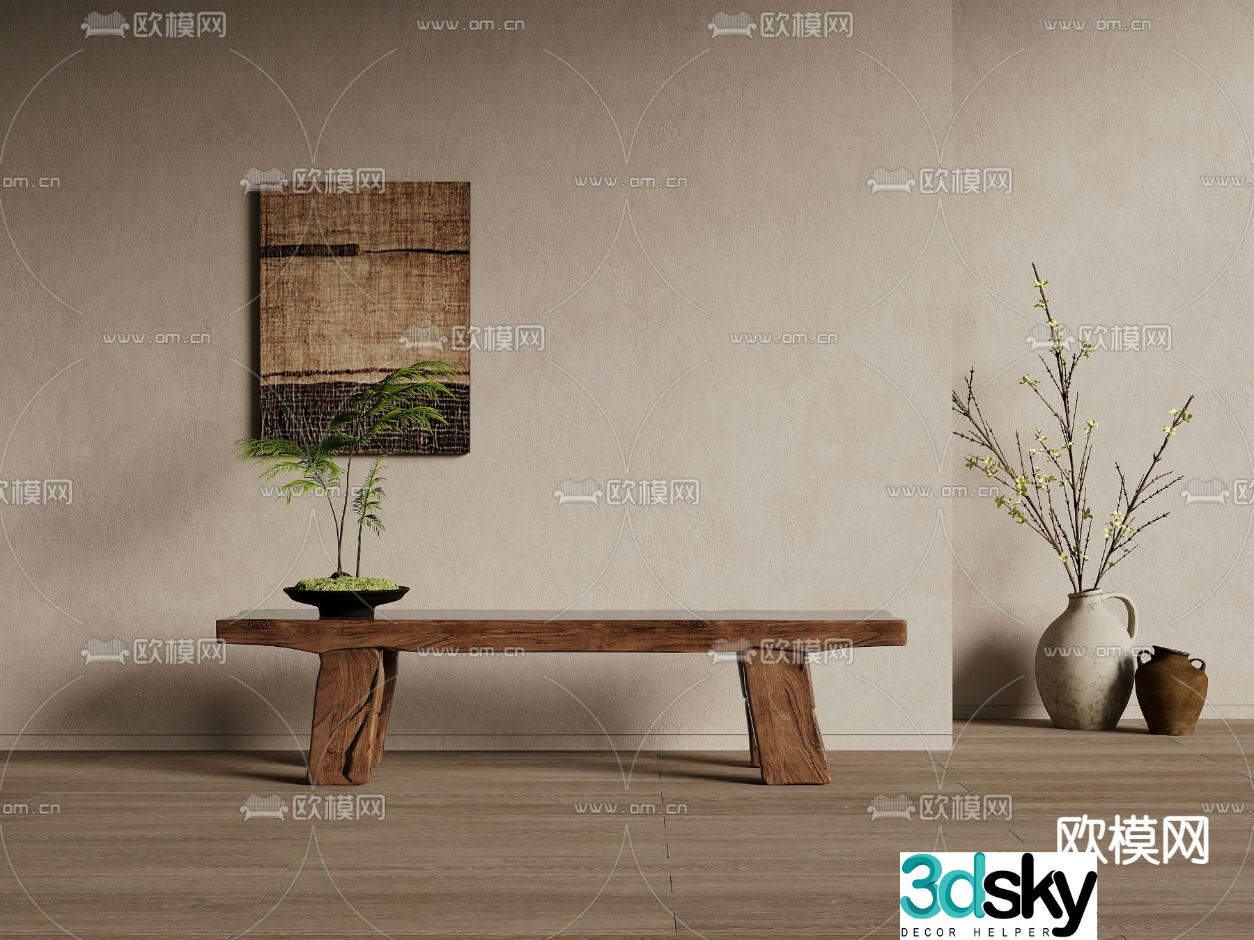 Wabi-sabi style bench solid wood bench 3d model