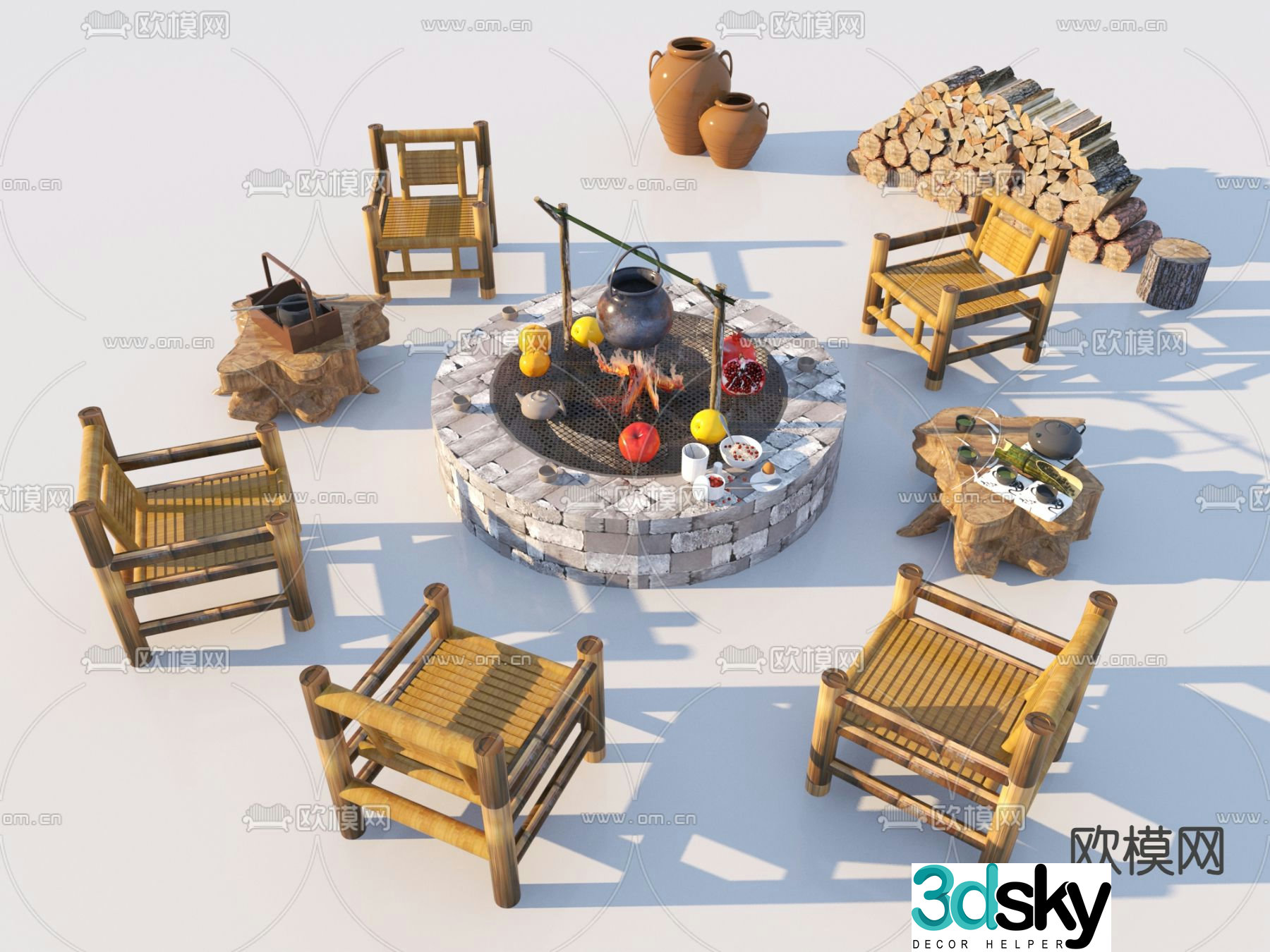 New Chinese style outdoor chair bamboo chair campfire 3d model
