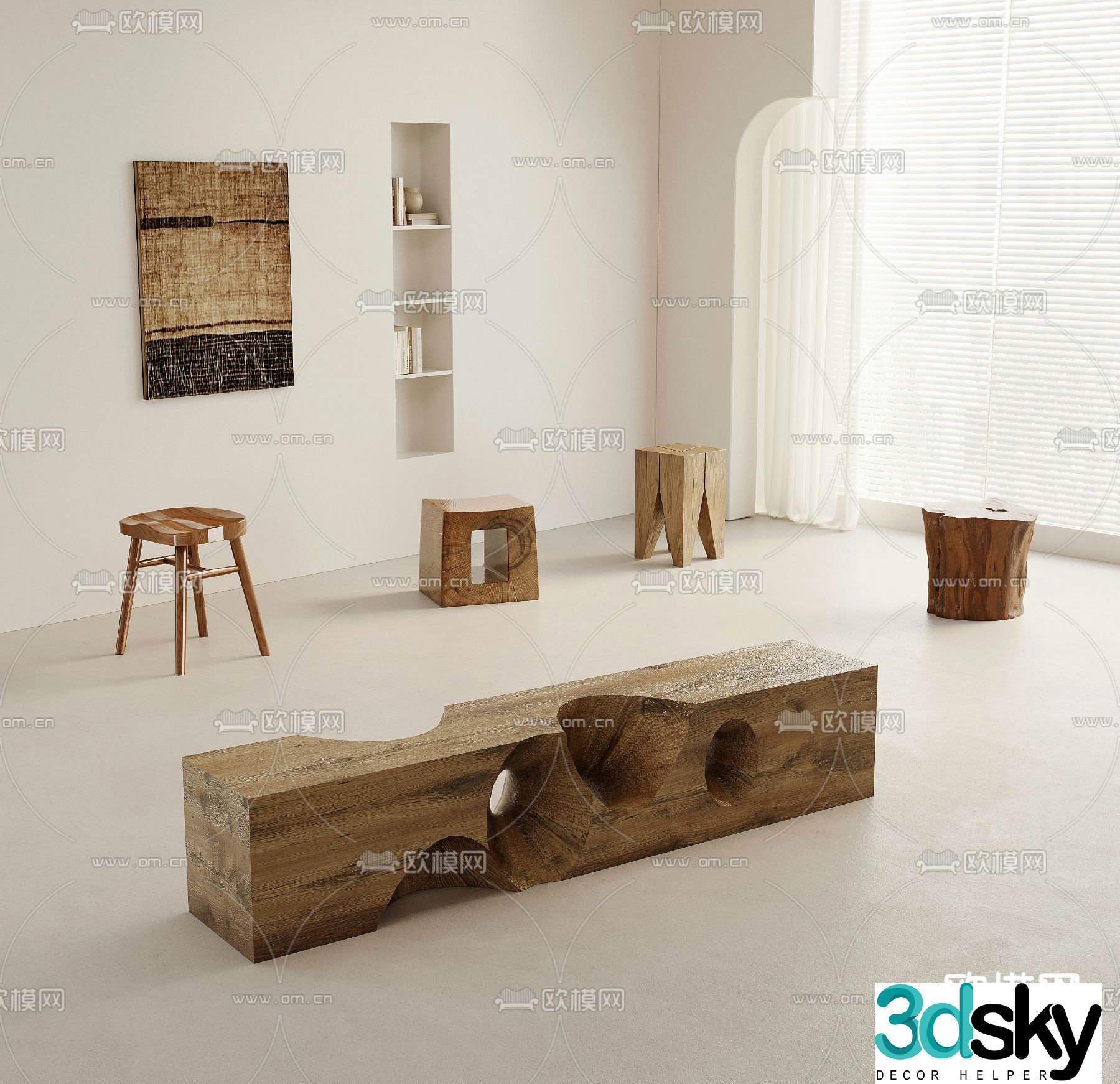 wabi-sabi stool wooden stool bench 3d model