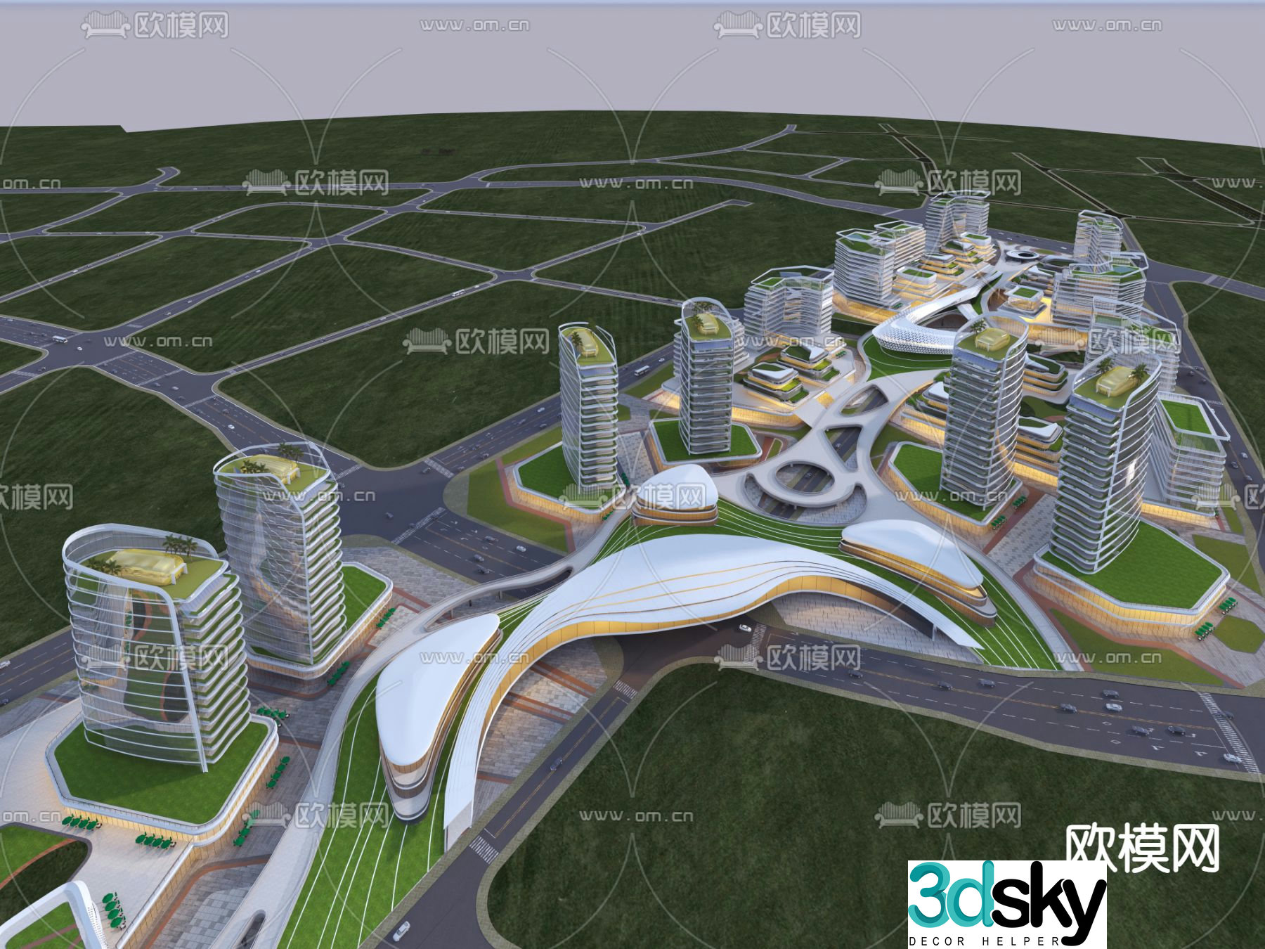 Bird’s view of industrial park office area 3D model