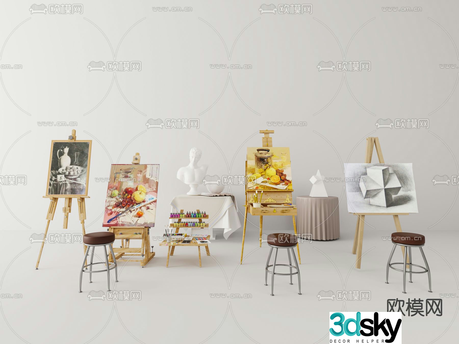 Drawing board easel dye brush 3d model