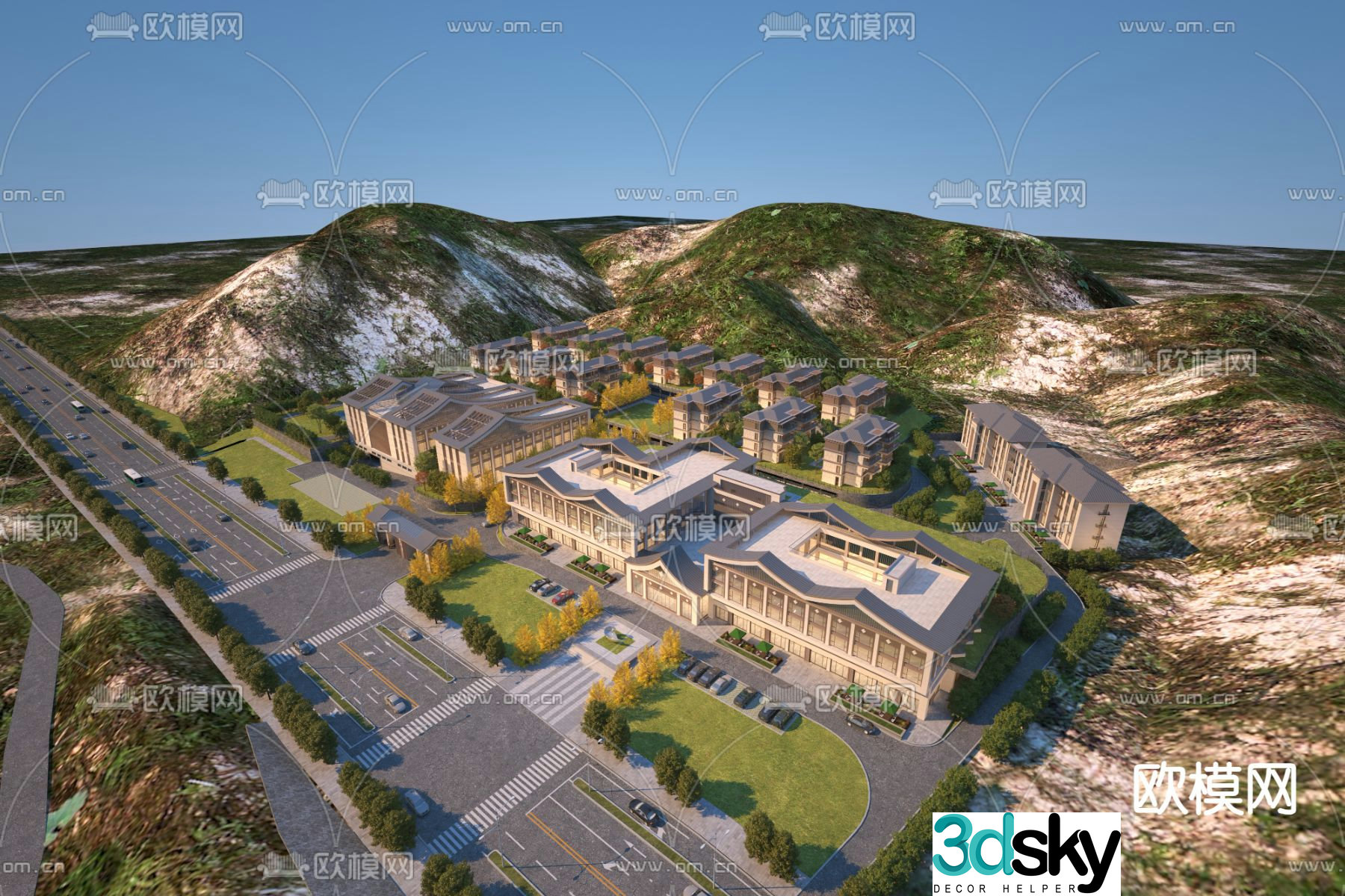 Aerial view 3D model of Jane European villa area