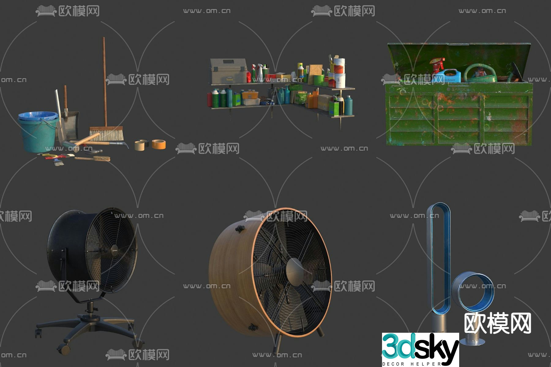Tool rack tool box paint bucket industrial fan 3d model
