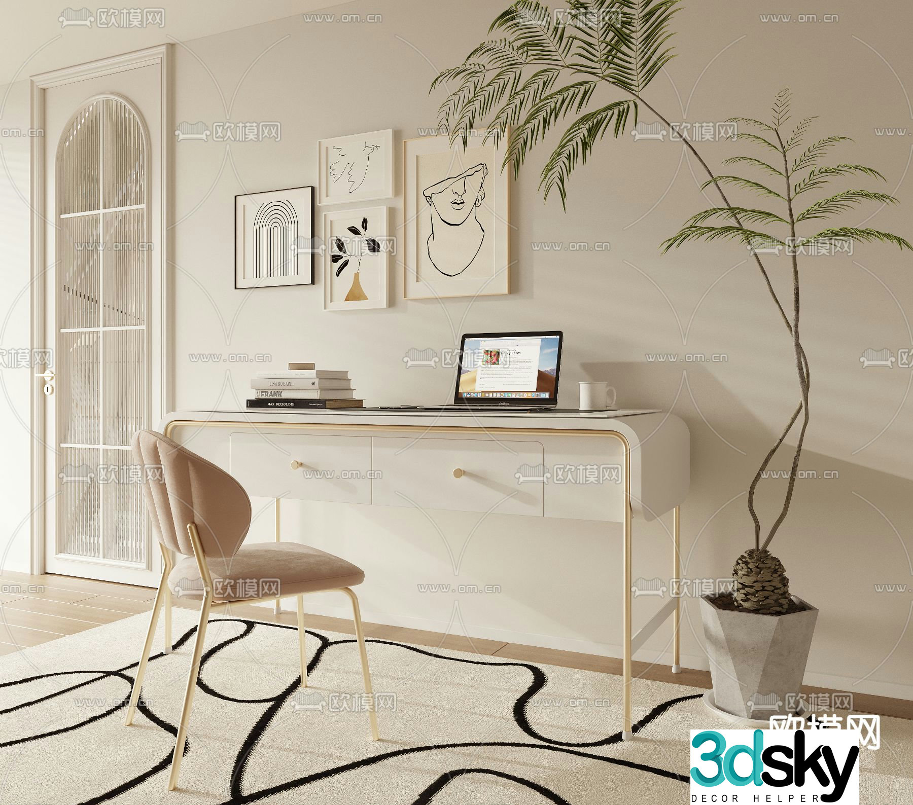 Creamy desk computer desk learning desk 3d model