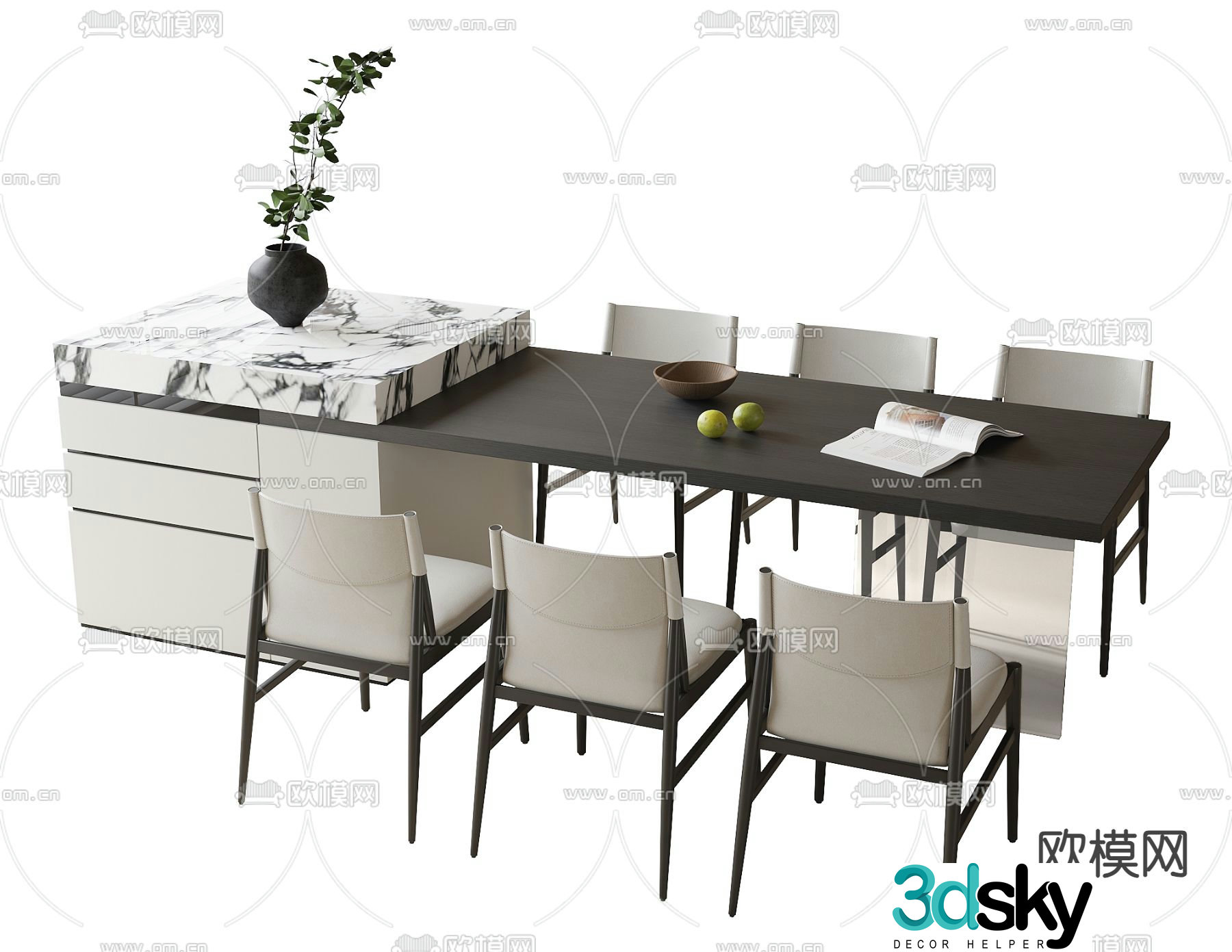 Island dining table and chairs 3d model